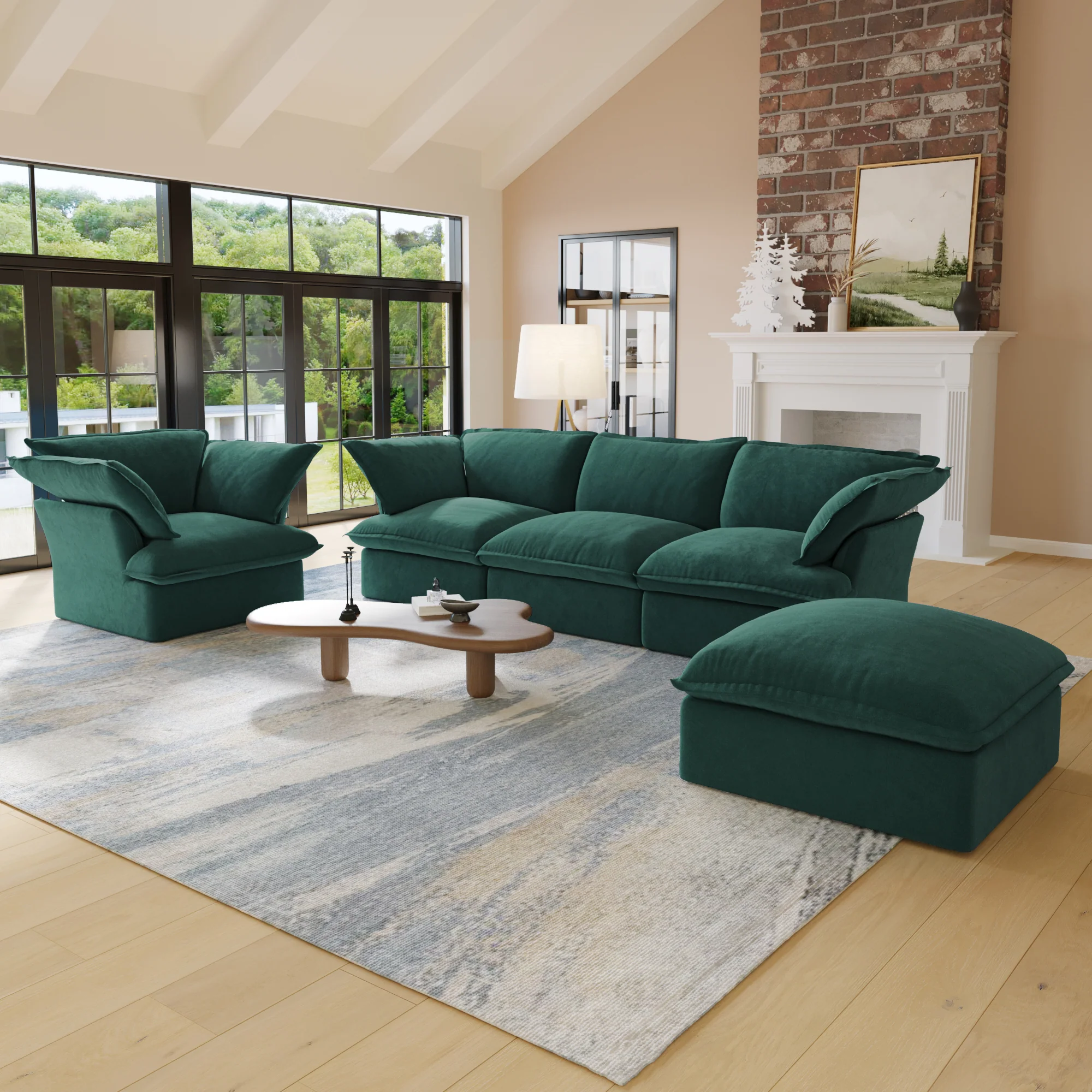 Sabi Modular Boucle Cloud Sofa - Green - 4-Seater Sectional Sofa with Ottoman - Image 3