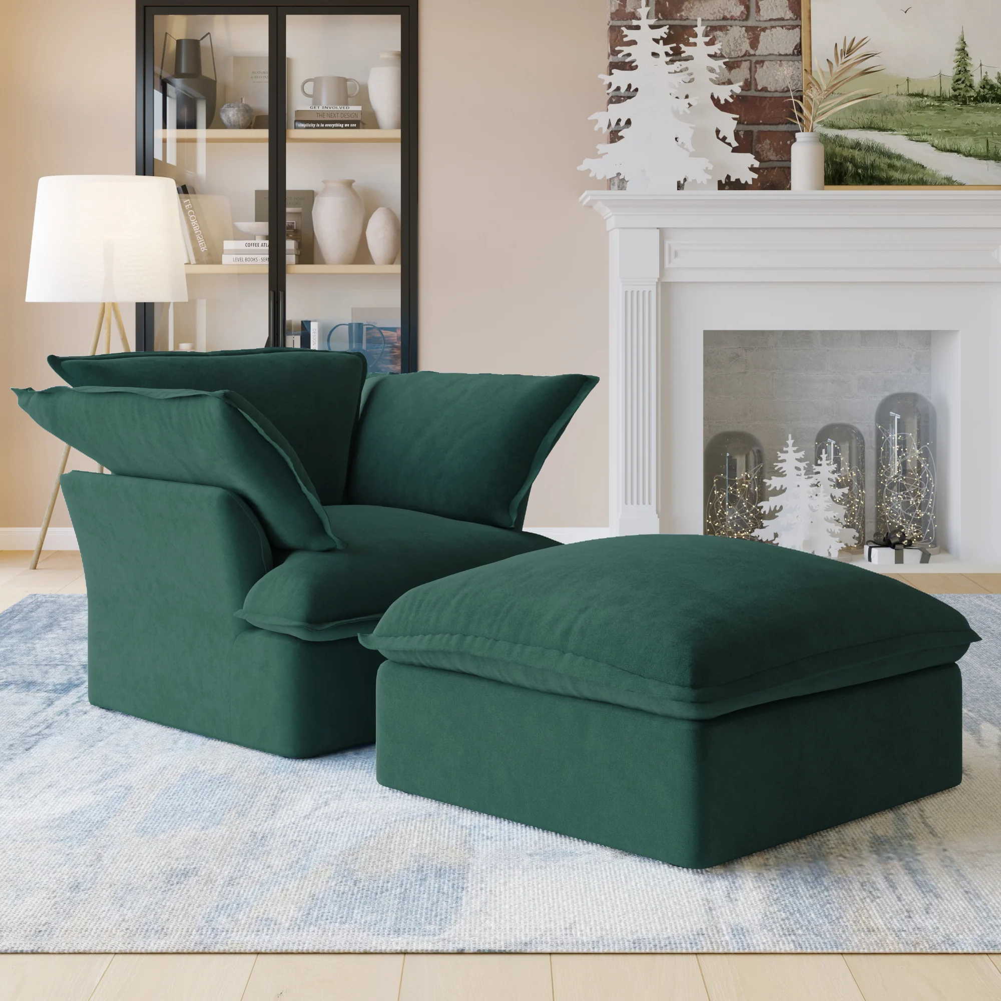 Sabi Modular Boucle Cloud Sofa - Green - Single Seater Sofa with Ottoman