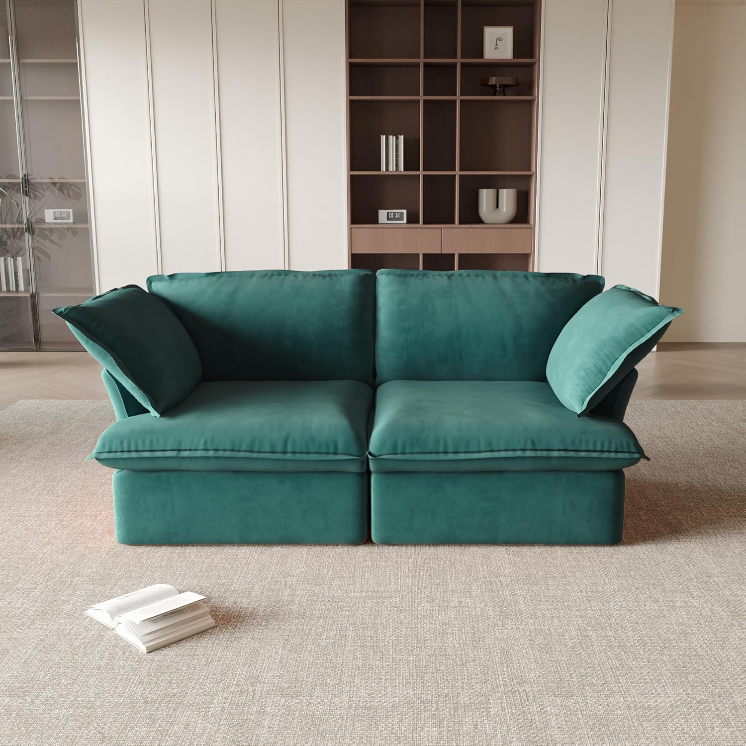 Sabi Modular Boucle Cloud Sofa - Green - Single Seater Sofa with Ottoman - Image 3