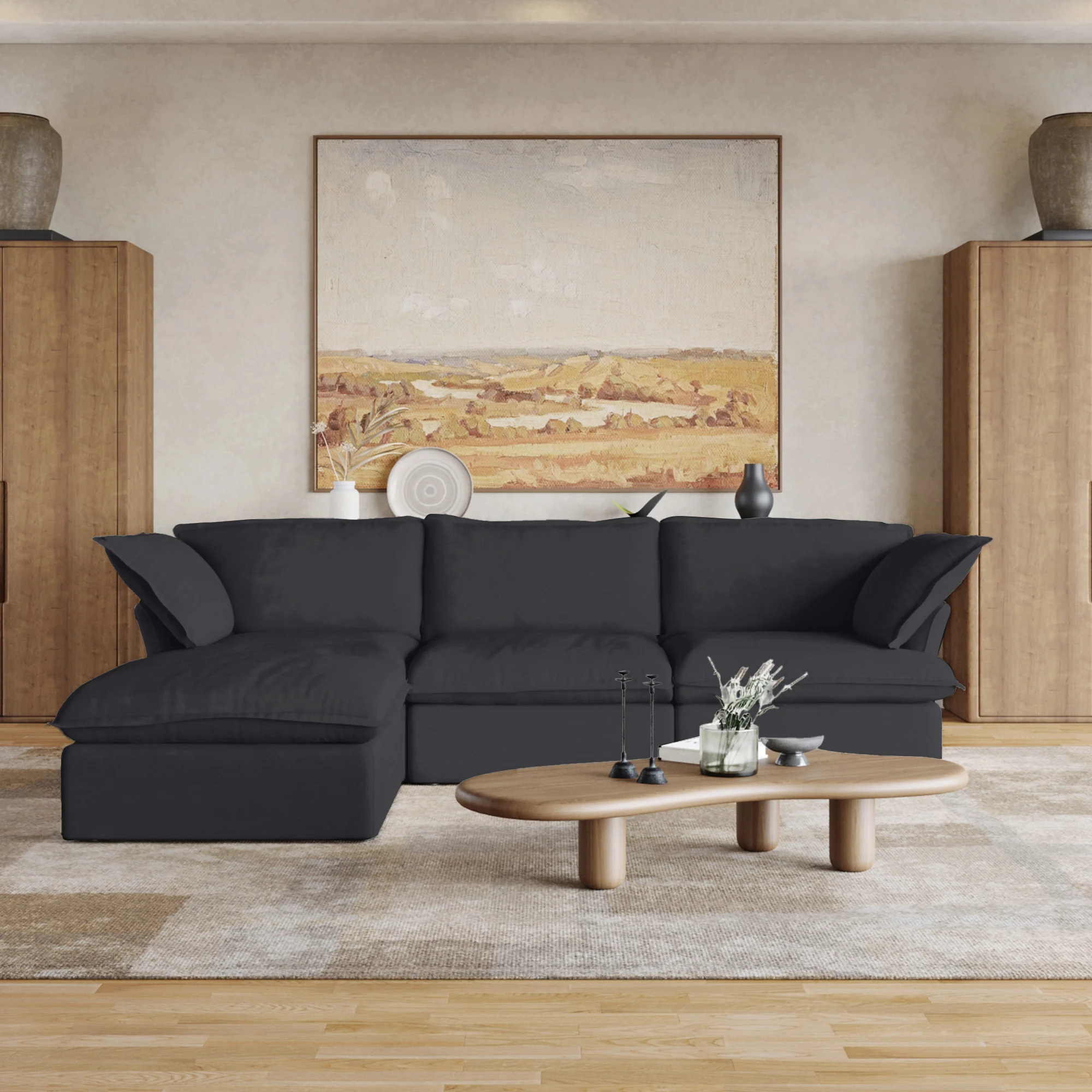 Sabi Modular Boucle Cloud Sofa - Obsidian Black - 3-Seater Sectional Sofa with Ottoman - Image 3