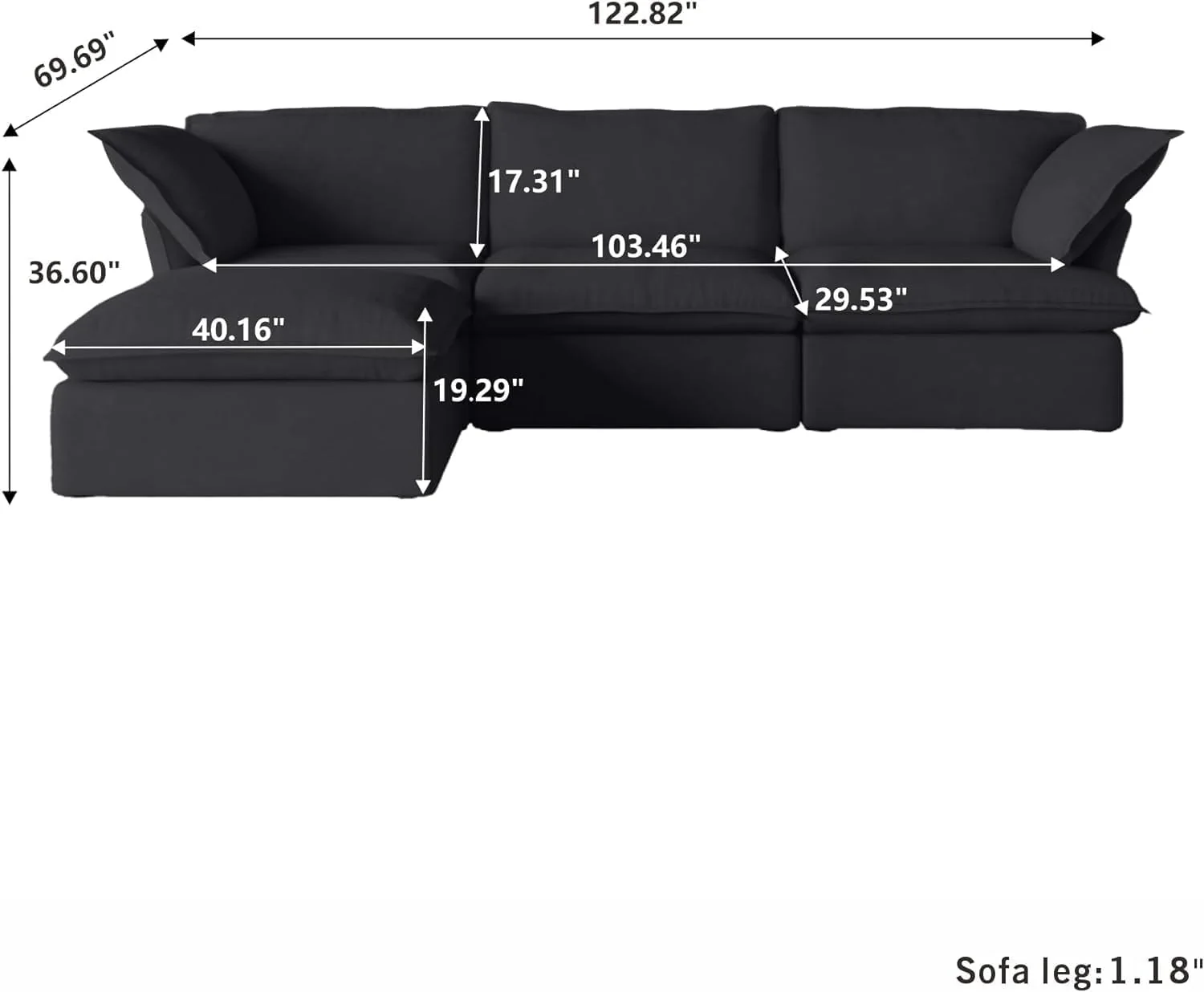 Sabi Modular Boucle Cloud Sofa - Obsidian Black - 3-Seater Sectional Sofa with Ottoman - Image 8