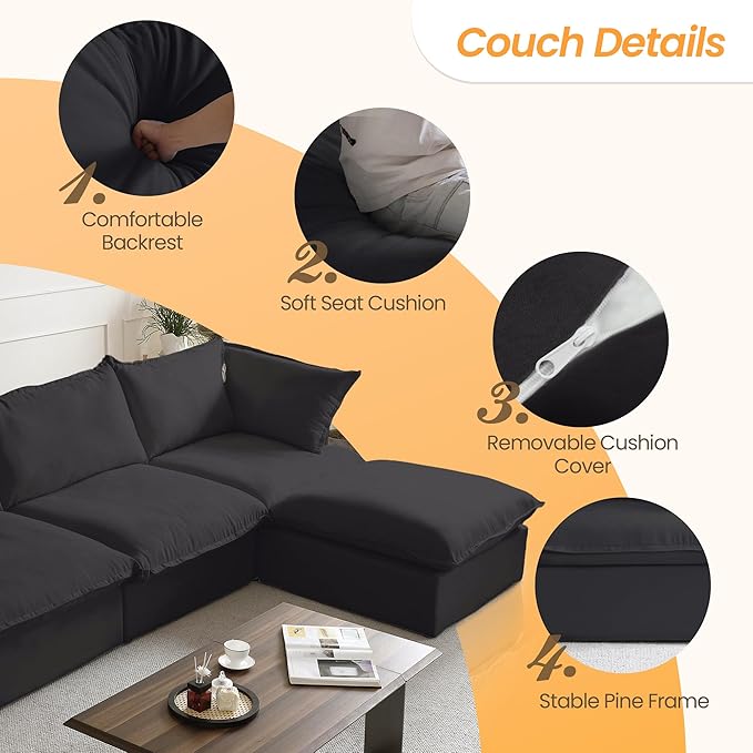 Sabi Modular Boucle Cloud Sofa - Obsidian Black - 5-Seater Sectional Sofa with Ottoman - Image 6
