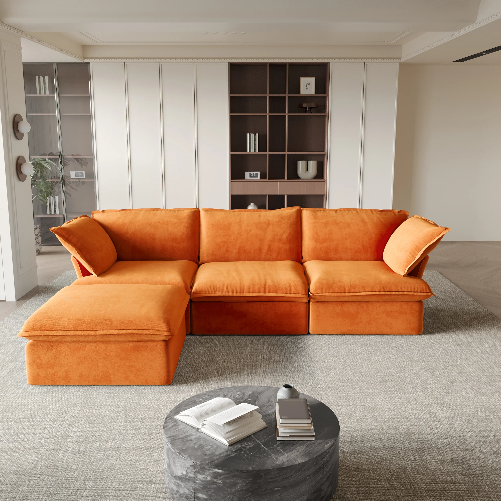Sabi Modular Boucle Cloud Sofa - Orange - 3-Seater Sectional Sofa with Ottoman