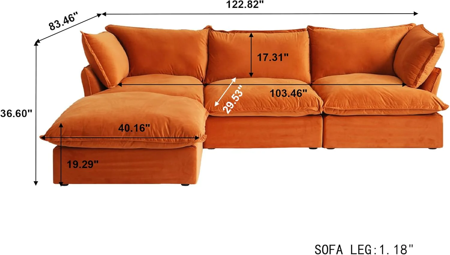 Sabi Modular Boucle Cloud Sofa - Orange - 3-Seater Sectional Sofa with Ottoman - Image 9
