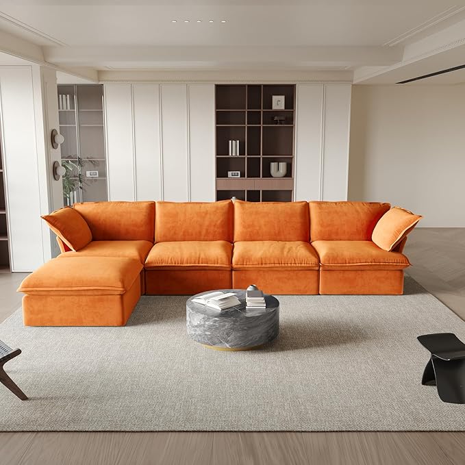 Sabi Modular Boucle Cloud Sofa - Orange - 4-Seater Sectional Sofa with Ottoman
