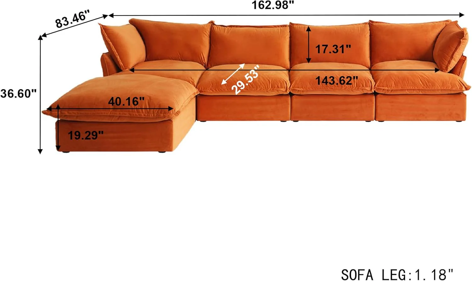 Sabi Modular Boucle Cloud Sofa - Orange - 4-Seater Sectional Sofa with Ottoman - Image 9