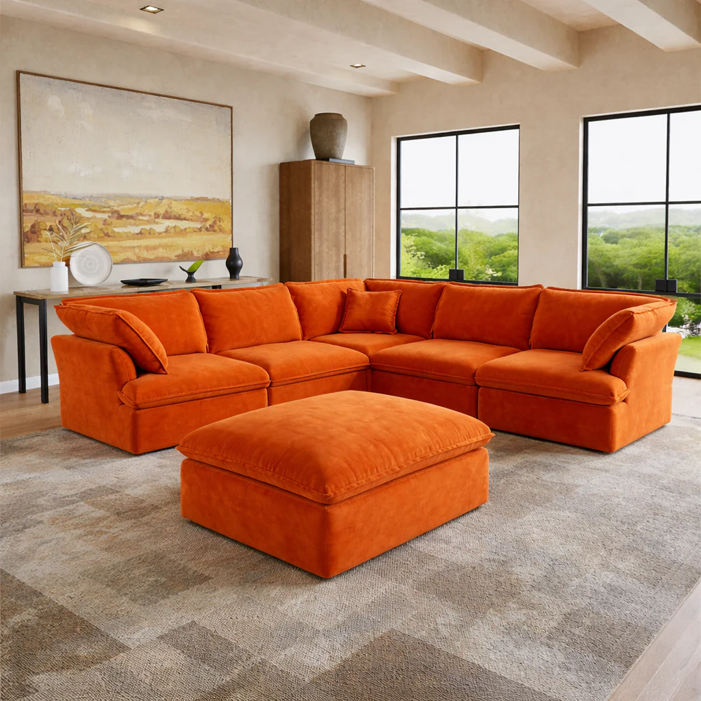 Sabi Modular Boucle Cloud Sofa - Orange - 5-Seater Sectional Sofa with Ottoman