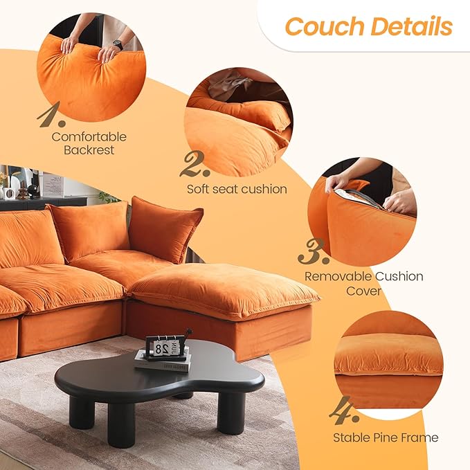 Sabi Modular Boucle Cloud Sofa - Orange - 5-Seater Sectional Sofa with Ottoman - Image 7