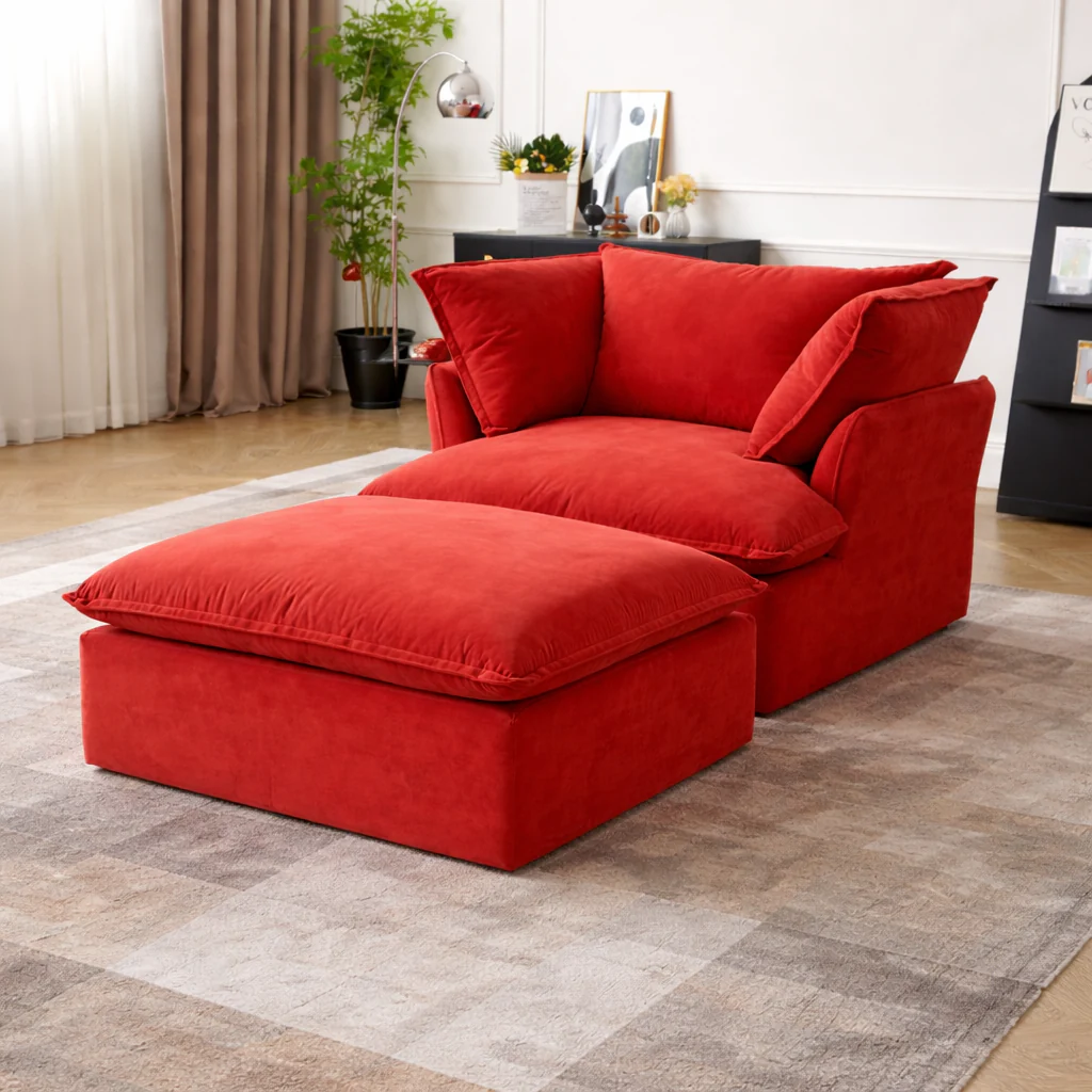 Sabi Modular Boucle Cloud Sofa - Red - Single Seater Sofa with Ottoman