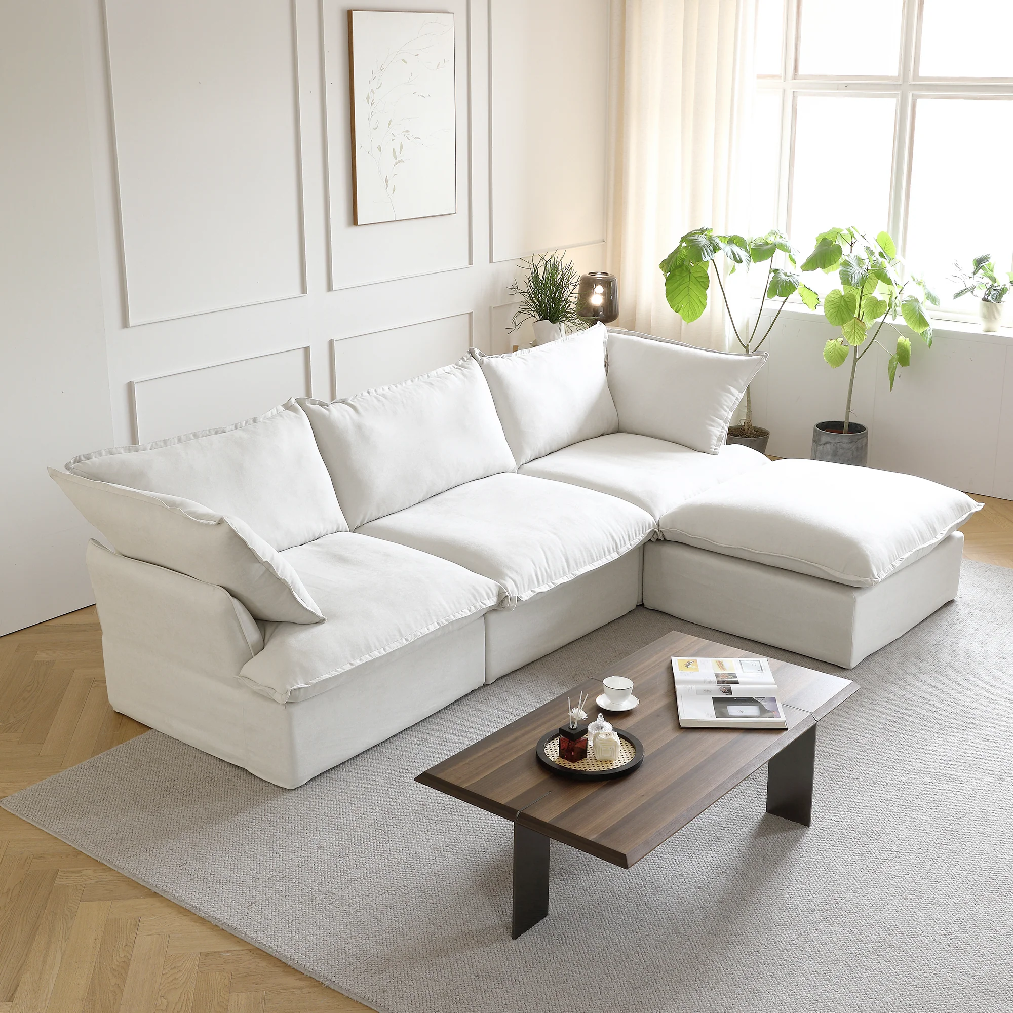 Sabi Modular Boucle Cloud Sofa - Snow White - 3-Seater Sectional Sofa with Ottoman
