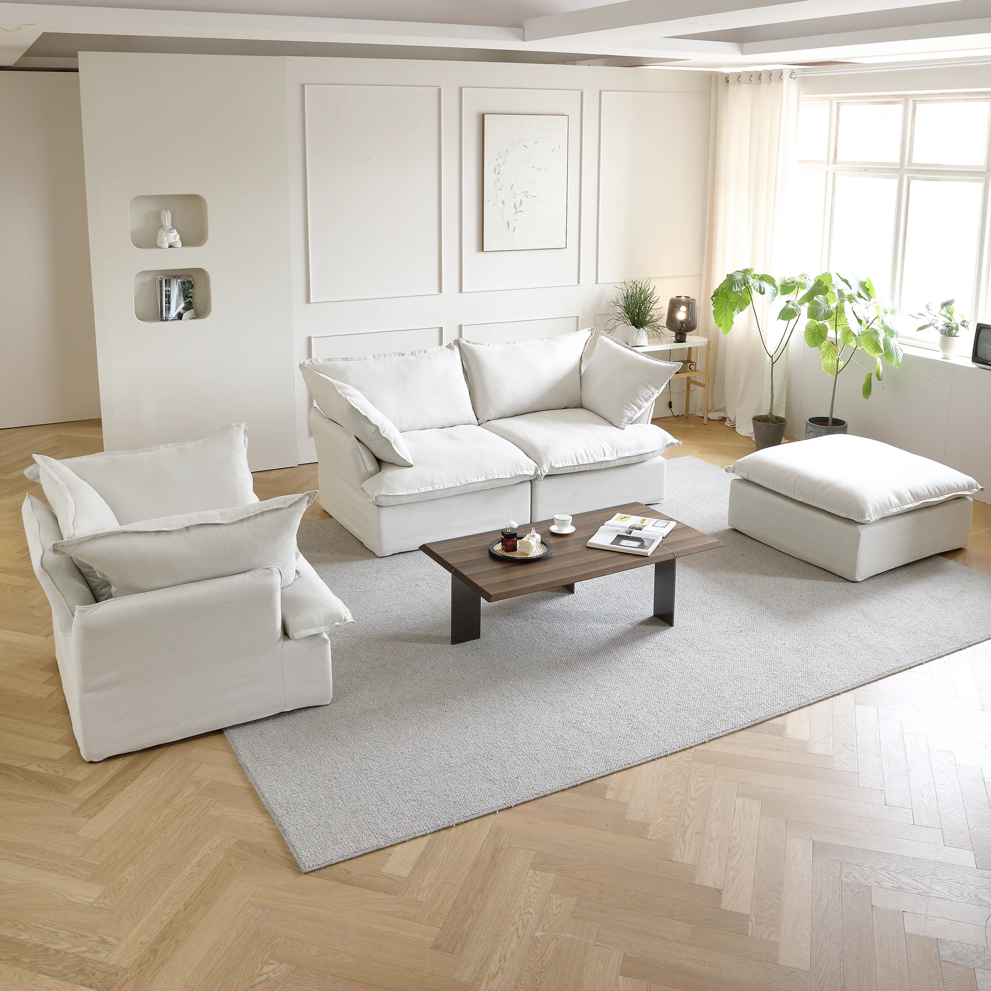 Sabi Modular Boucle Cloud Sofa - Snow White - 3-Seater Sectional Sofa with Ottoman - Image 2