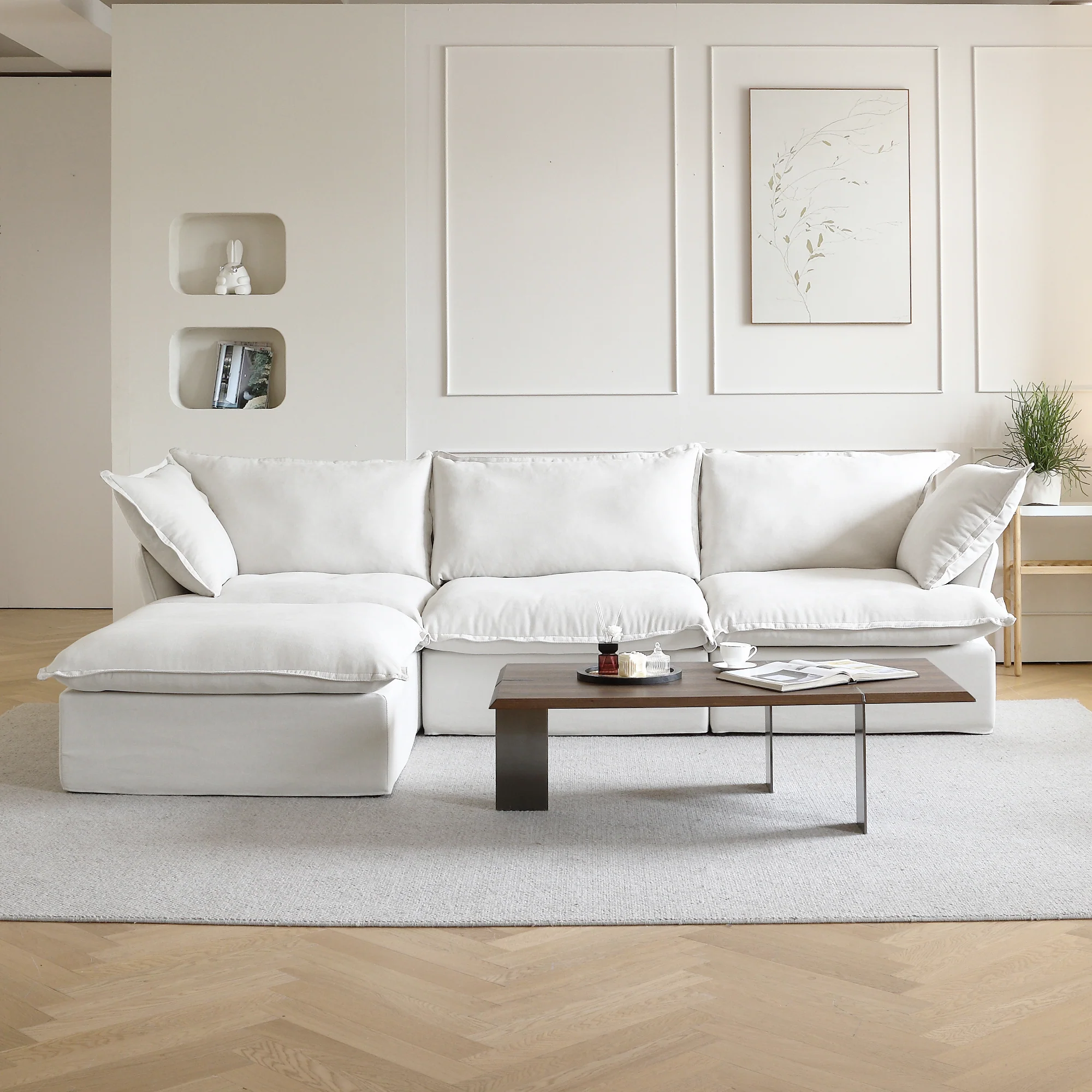 Sabi Modular Boucle Cloud Sofa - Snow White - 3-Seater Sectional Sofa with Ottoman - Image 4