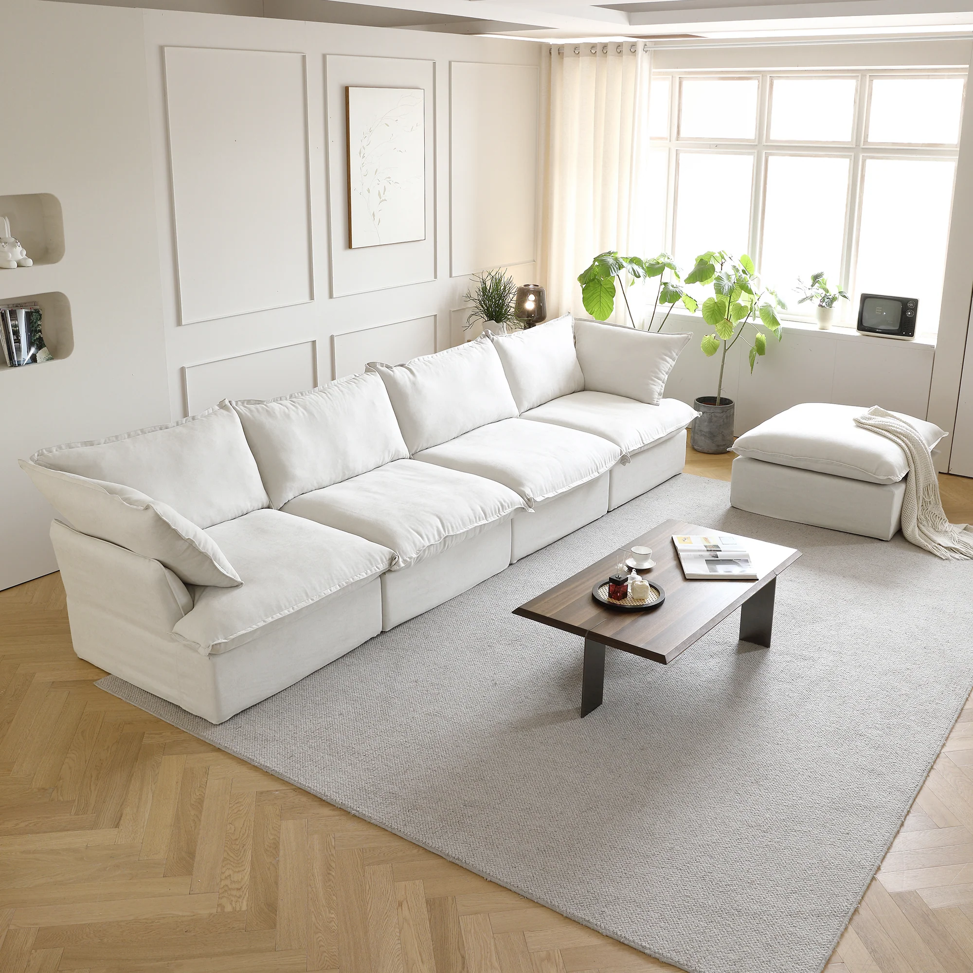 Sabi Modular Boucle Cloud Sofa - Snow White - 4-Seater Sectional Sofa with Ottoman
