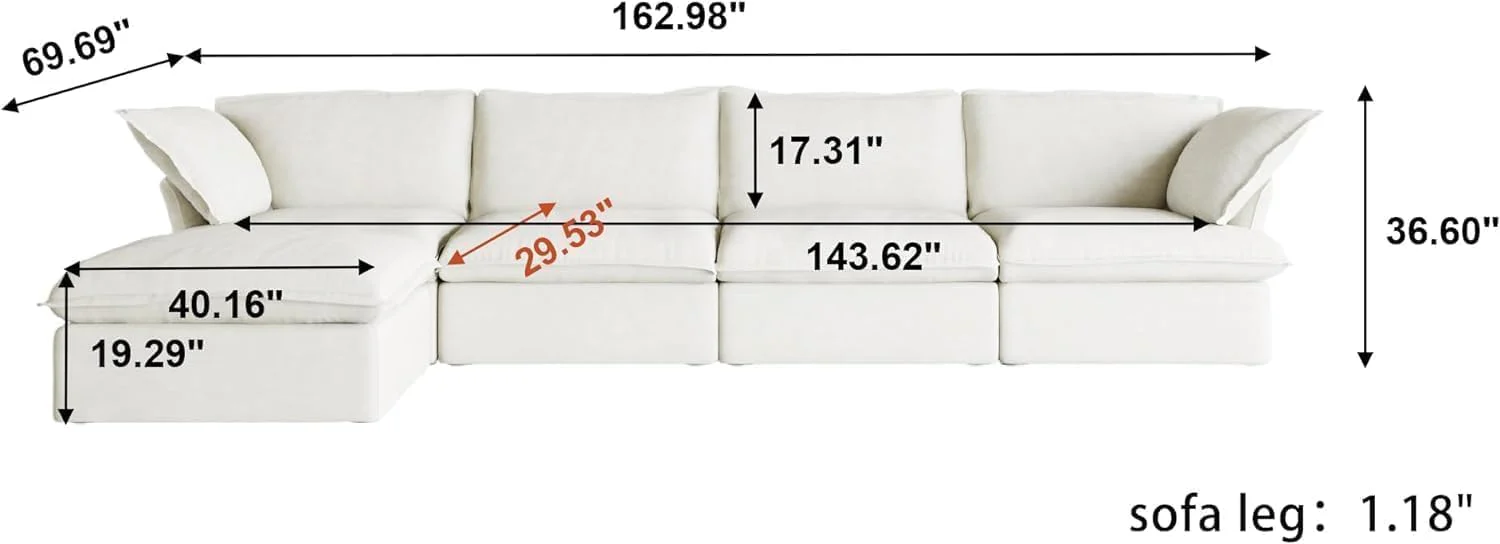 Sabi Modular Boucle Cloud Sofa - Snow White - 4-Seater Sectional Sofa with Ottoman - Image 4