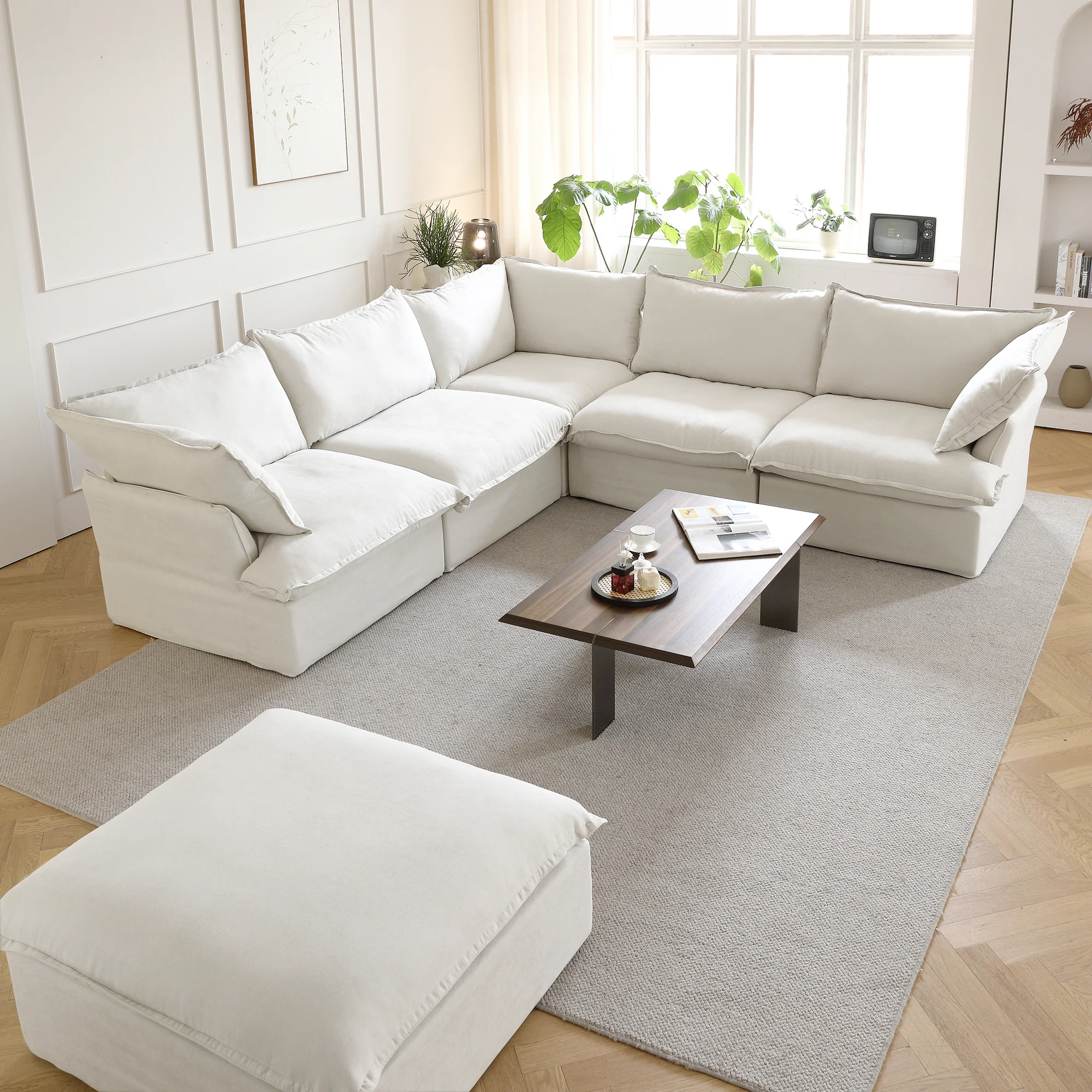 Sabi Modular Boucle Cloud Sofa - Snow White - 5-Seater Sectional Sofa with Ottoman