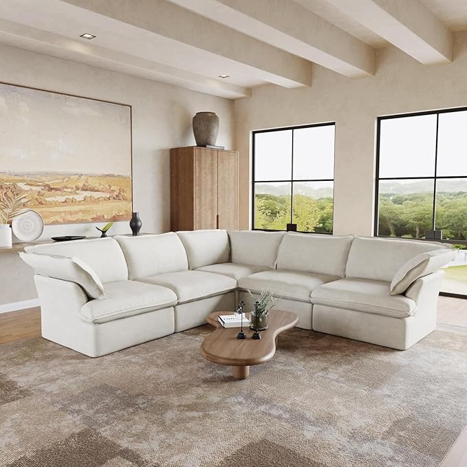 Sabi Modular Boucle Cloud Sofa - Snow White - 5-Seater Sectional Sofa with Ottoman - Image 3