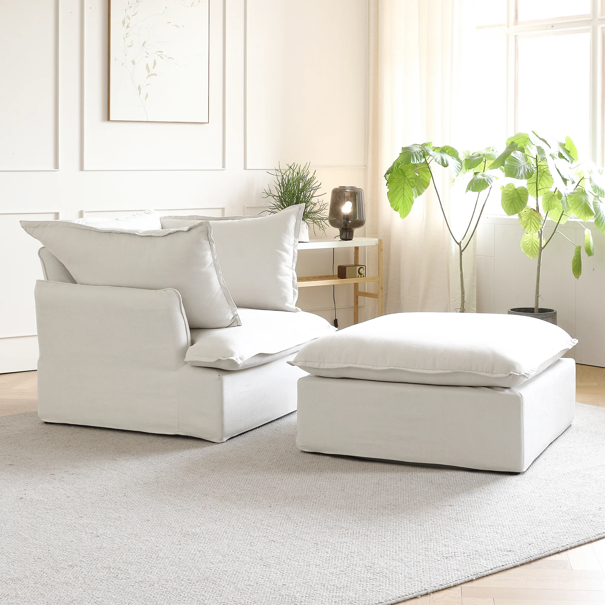 Sabi Modular Boucle Cloud Sofa - Snow White - Single Seater Sofa with Ottoman - Image 3