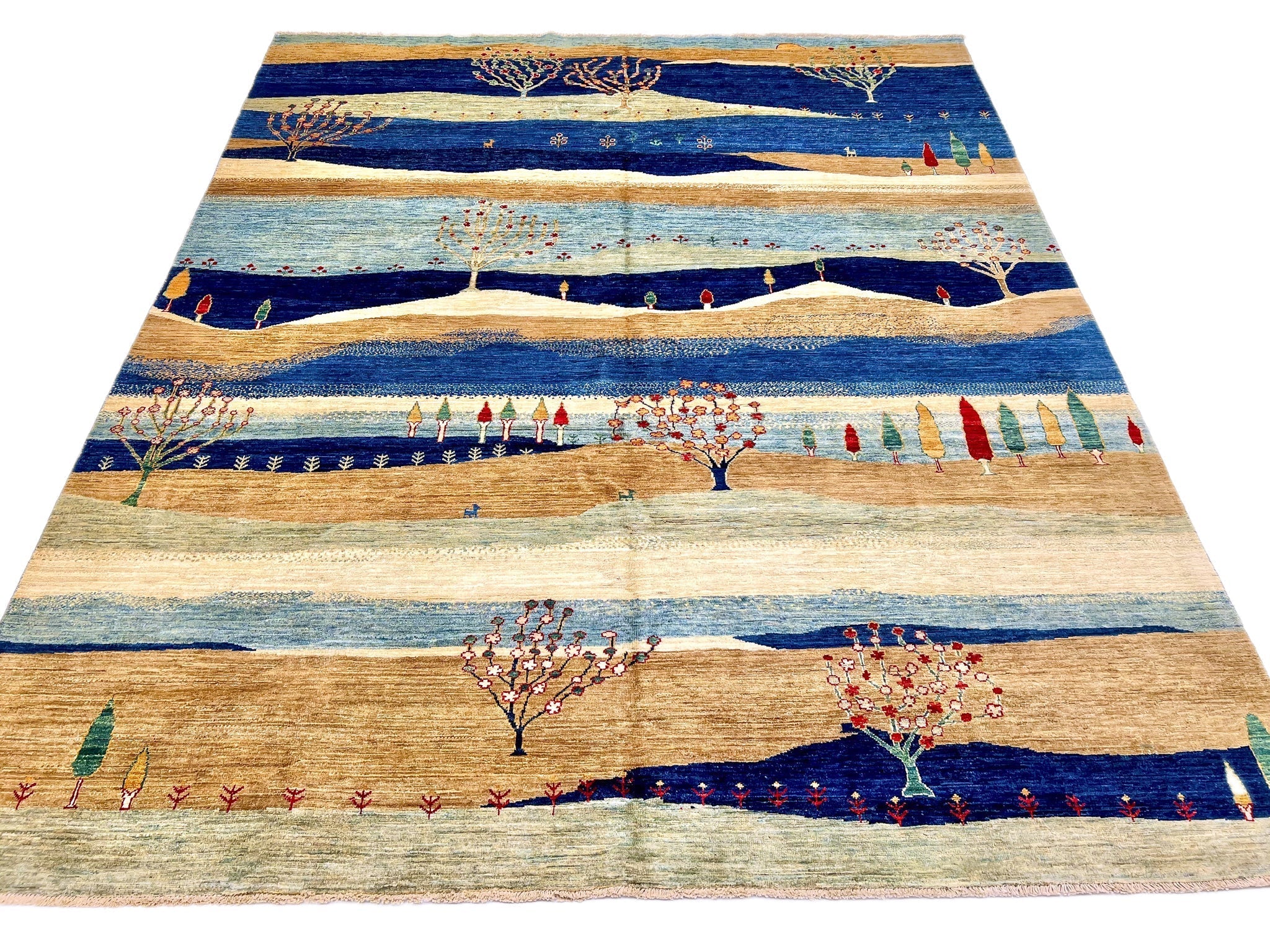 Scenic Afghan Gabbeh (8'00"x9'07") blue/sand/ivory - Image 7