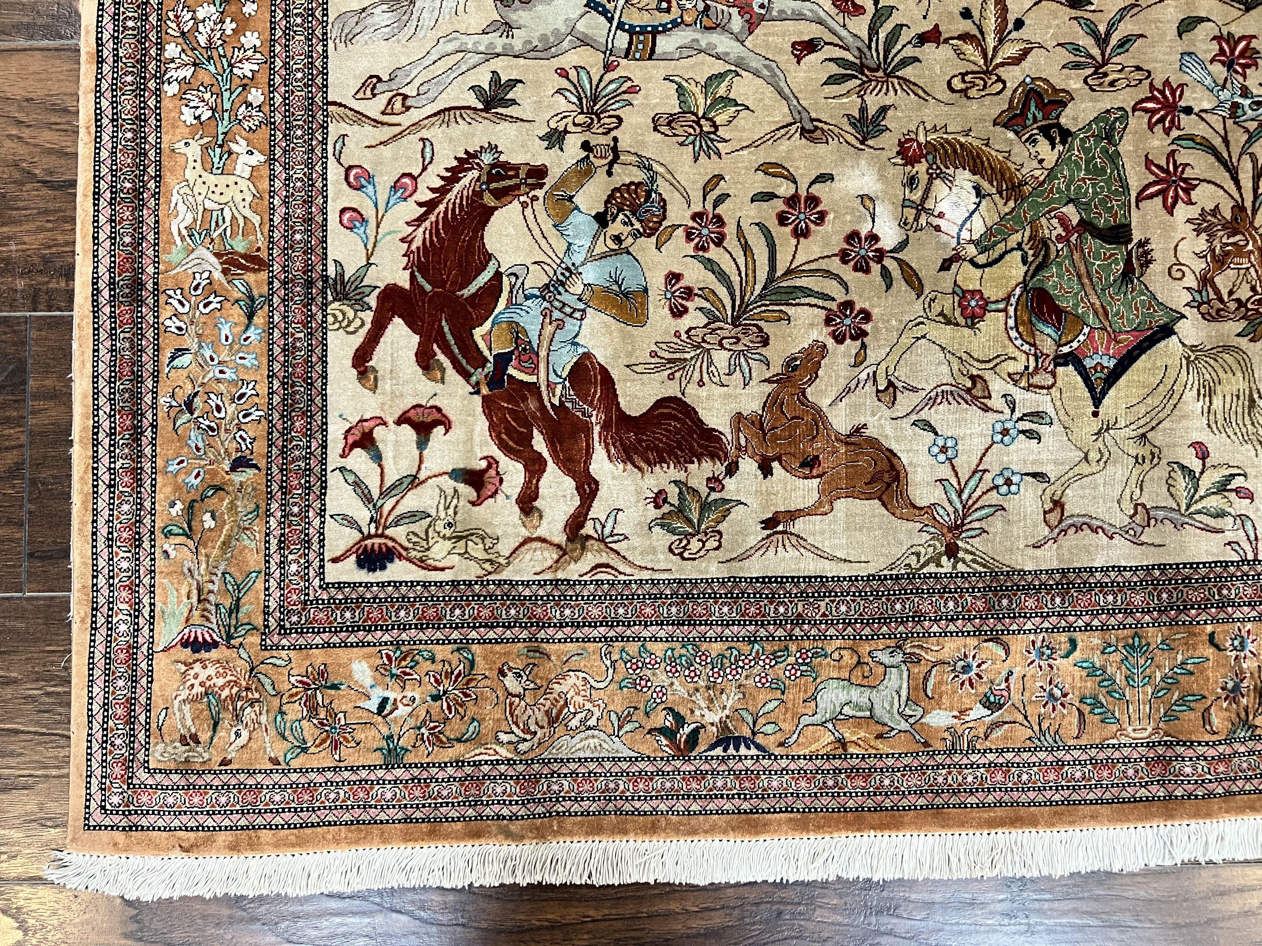 Silk Persian Qum Rug 3x5, Hunting Pattern, Handmade Vintage Carpet, Signed by Master Weaver, Horsemen Pictorials, Super Fine 650 KPSI - Image 8