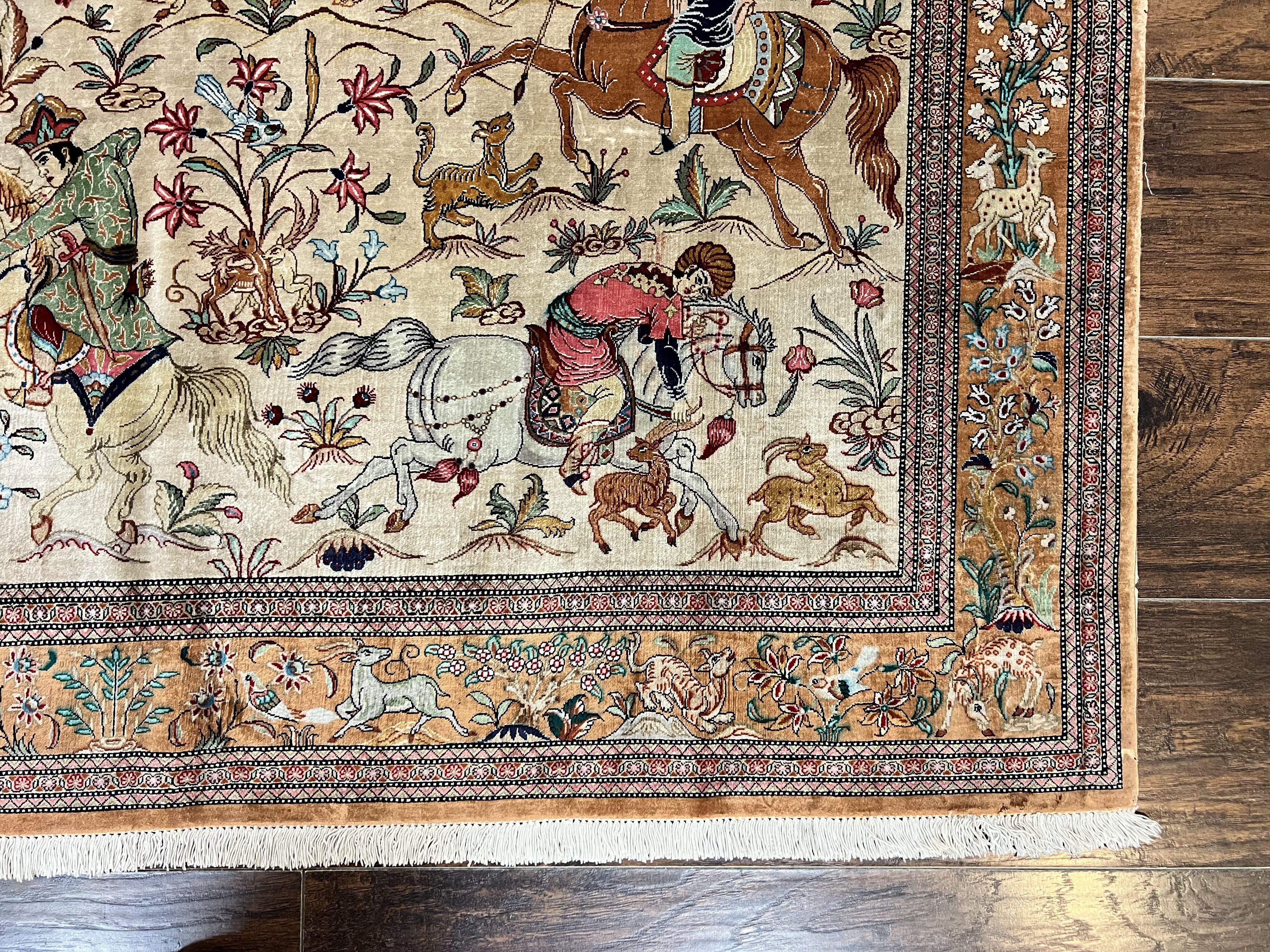 Silk Persian Qum Rug 3x5, Hunting Pattern, Handmade Vintage Carpet, Signed by Master Weaver, Horsemen Pictorials, Super Fine 650 KPSI - Image 9
