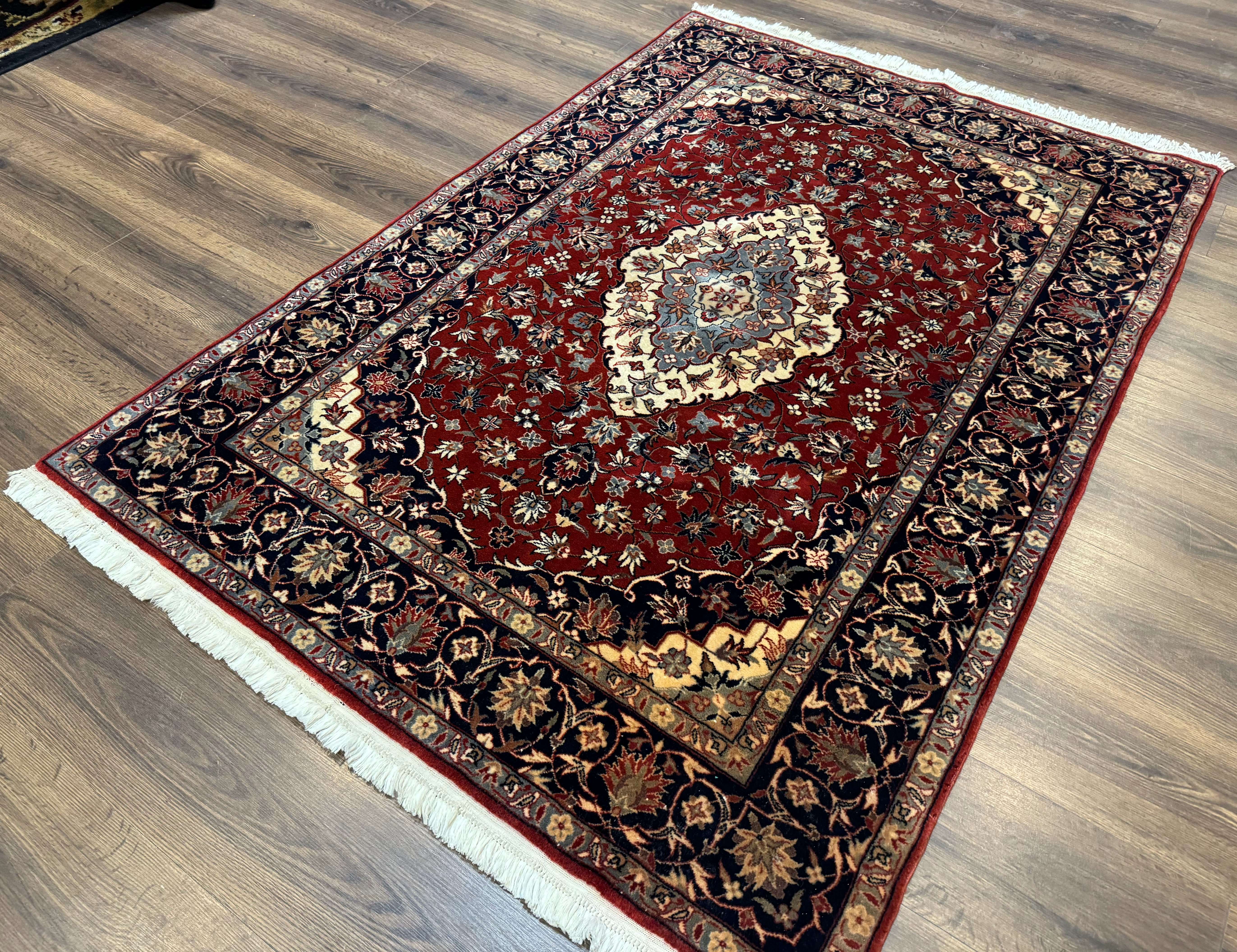 Sino Persian Rug 4x6, Traditional Wool Hand Knotted Carpet, Red Navy Blue, 225 KPSI - Image 2