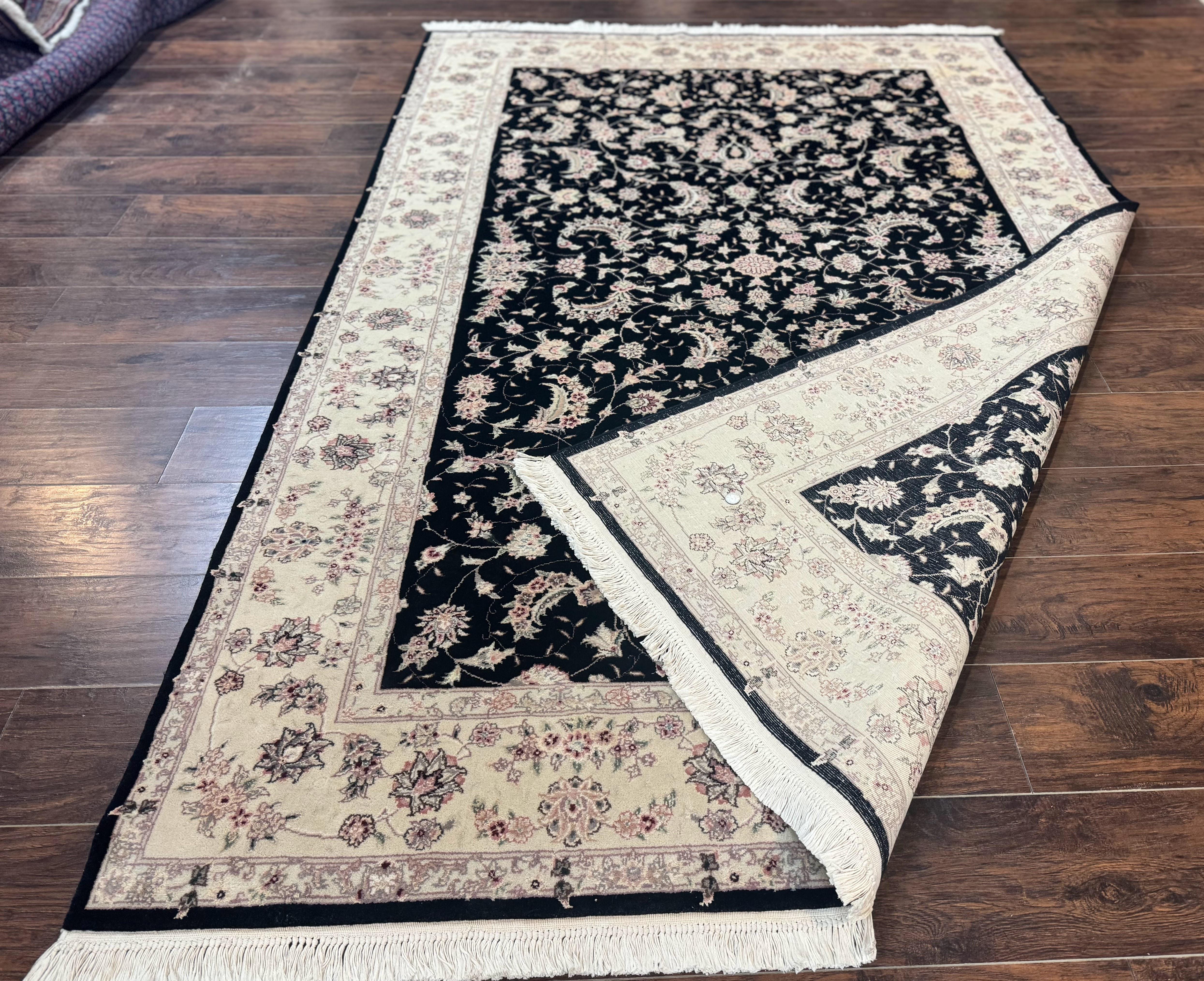 Sino Persian Rug 6x9, Black and Ivory, Wool and Silk Highlights, Handmade - Image 11