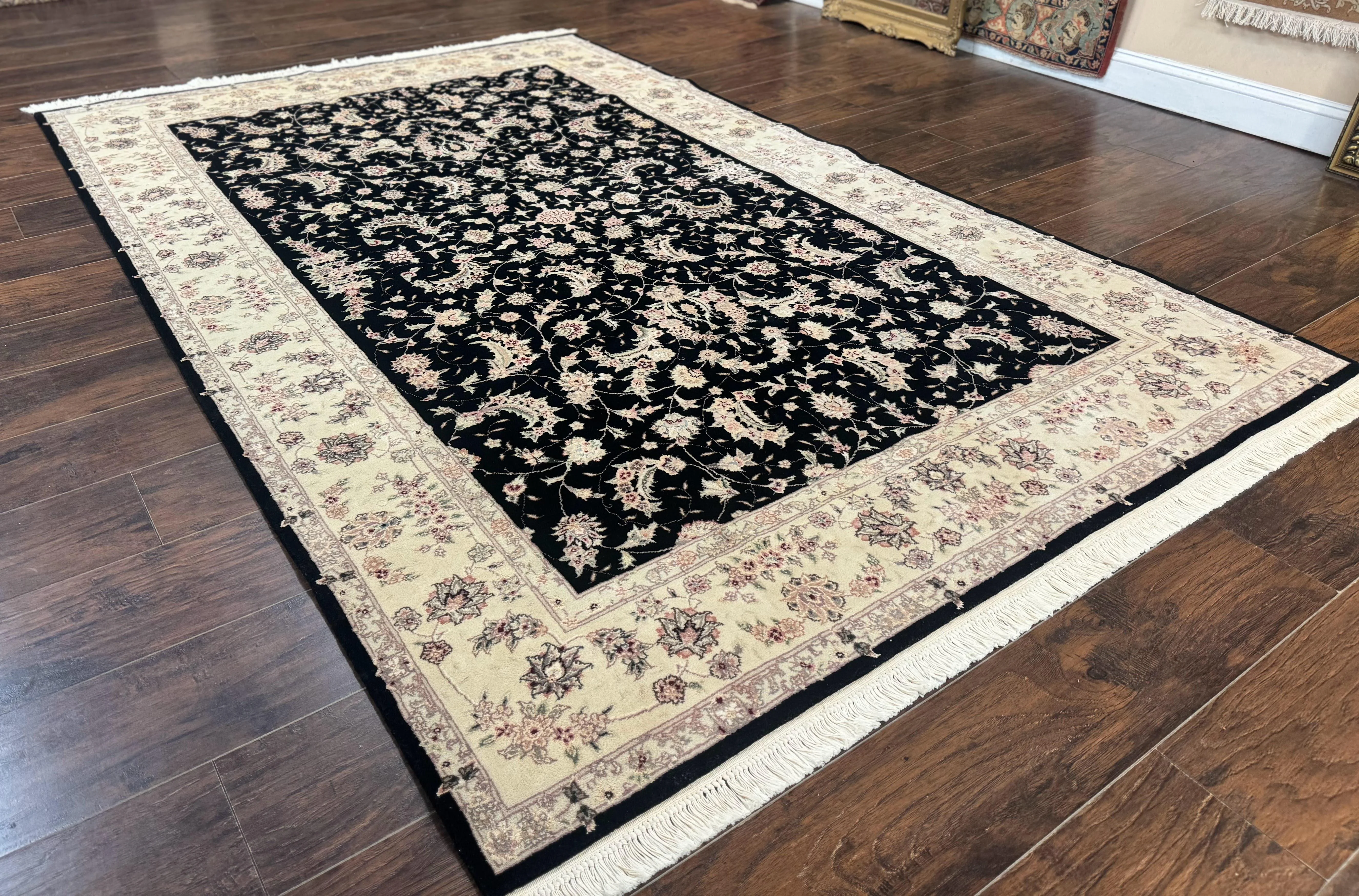 Sino Persian Rug 6x9, Black and Ivory, Wool and Silk Highlights, Handmade - Image 12