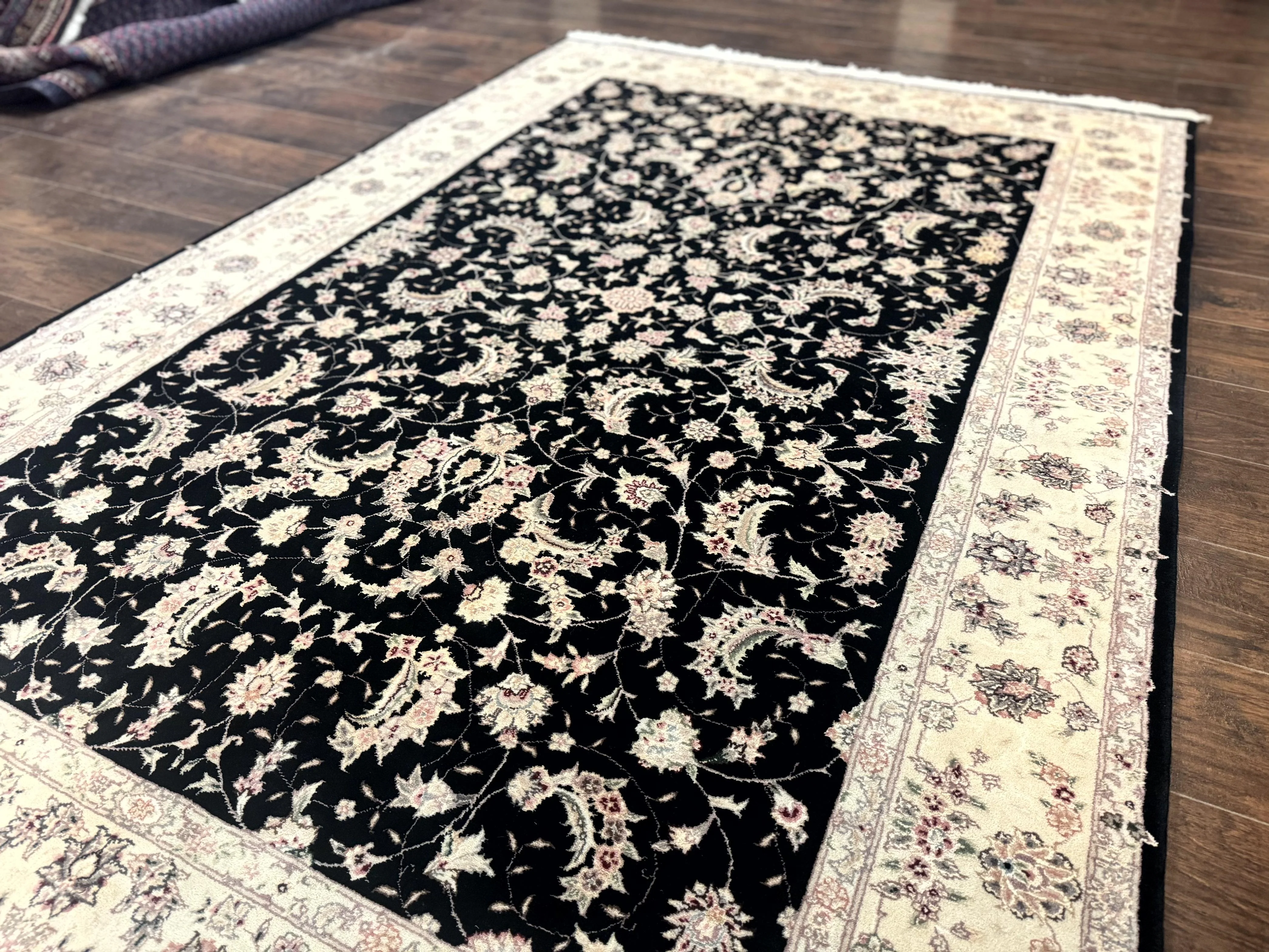 Sino Persian Rug 6x9, Black and Ivory, Wool and Silk Highlights, Handmade - Image 2