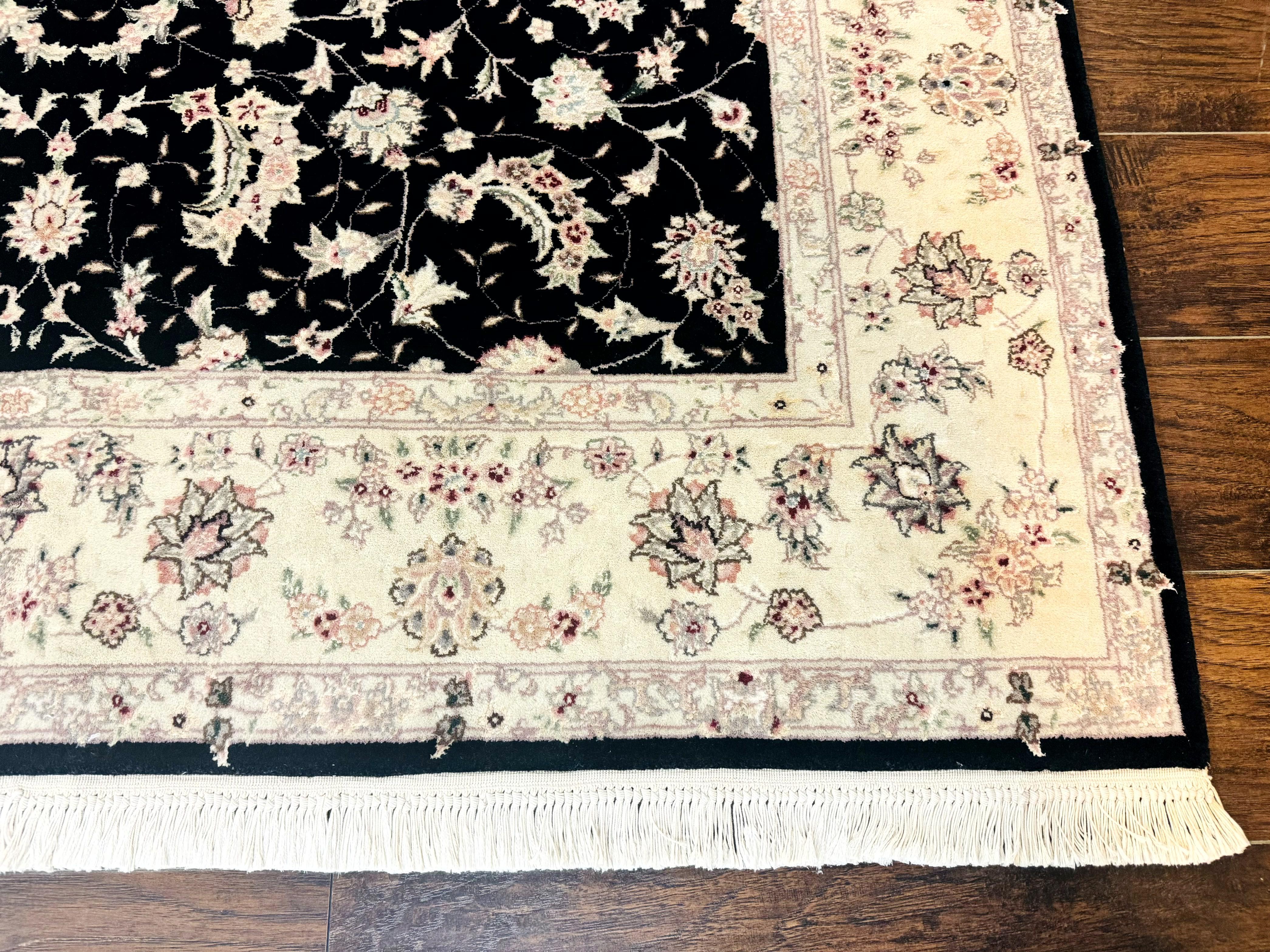 Sino Persian Rug 6x9, Black and Ivory, Wool and Silk Highlights, Handmade - Image 9