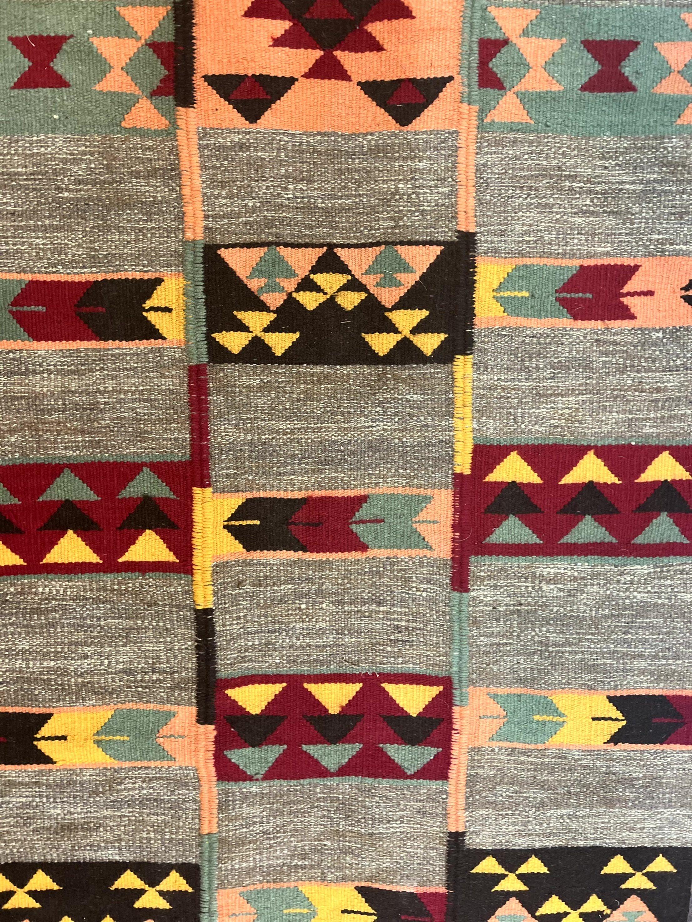 South American Flatweave Rug, Gray, Handmade Vintage Wool Bohemian Blanket - Image 4
