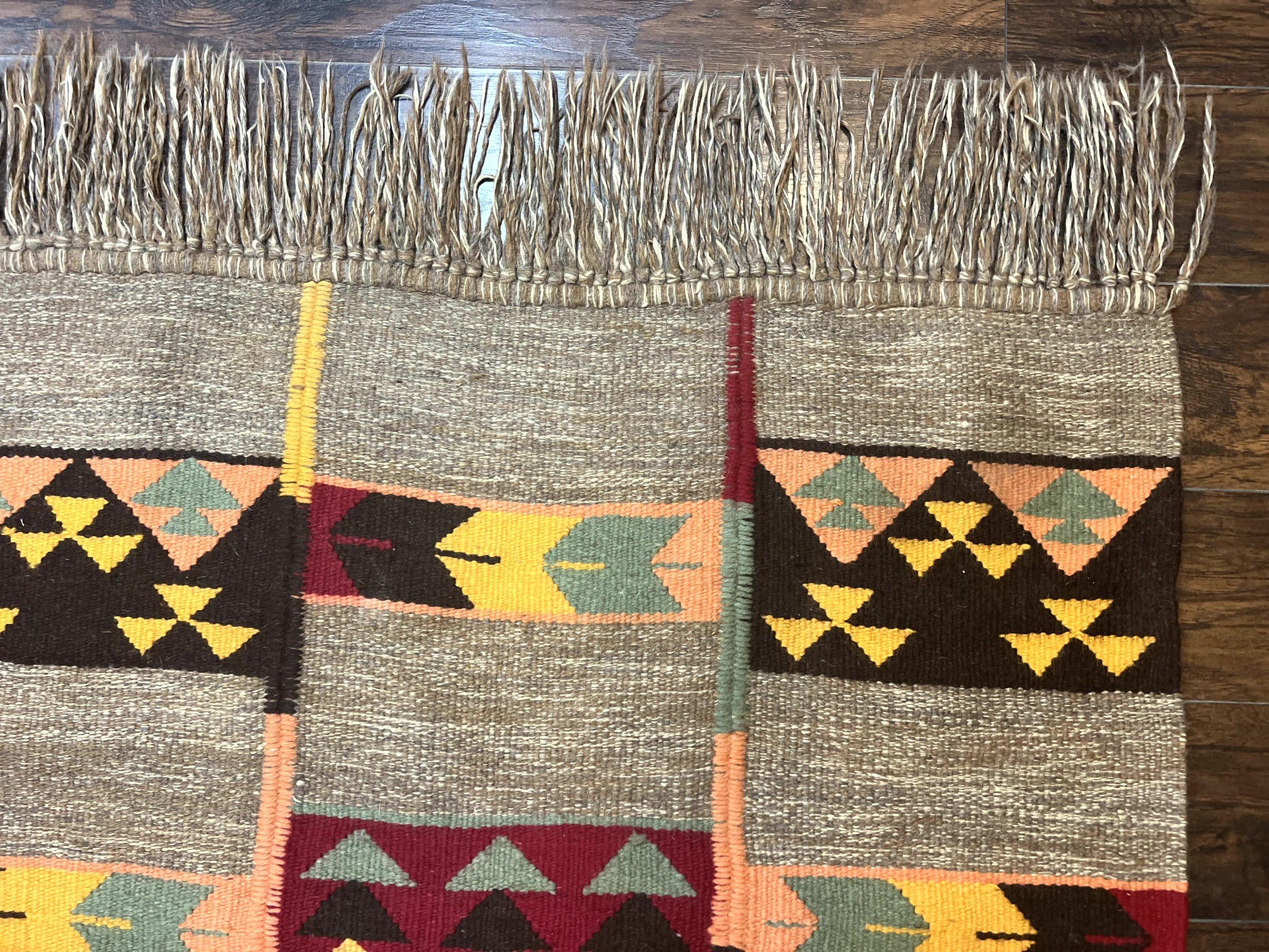 South American Flatweave Rug, Gray, Handmade Vintage Wool Bohemian Blanket - Image 7