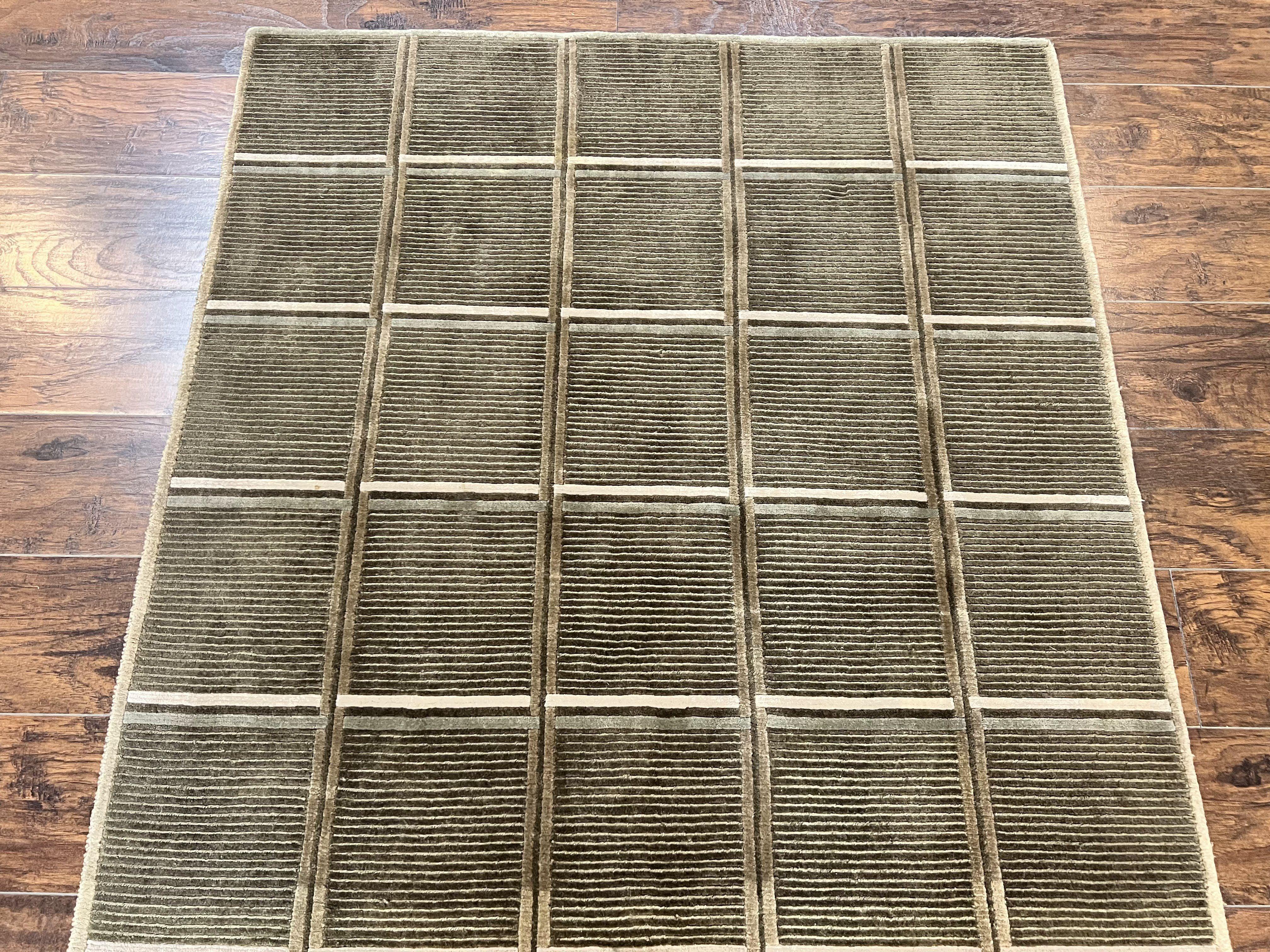 Tibetan Rug 4x6, Green Wool Handmade Area Rug 4 x 6, Panel Design, Modern Contemporary - Image 11