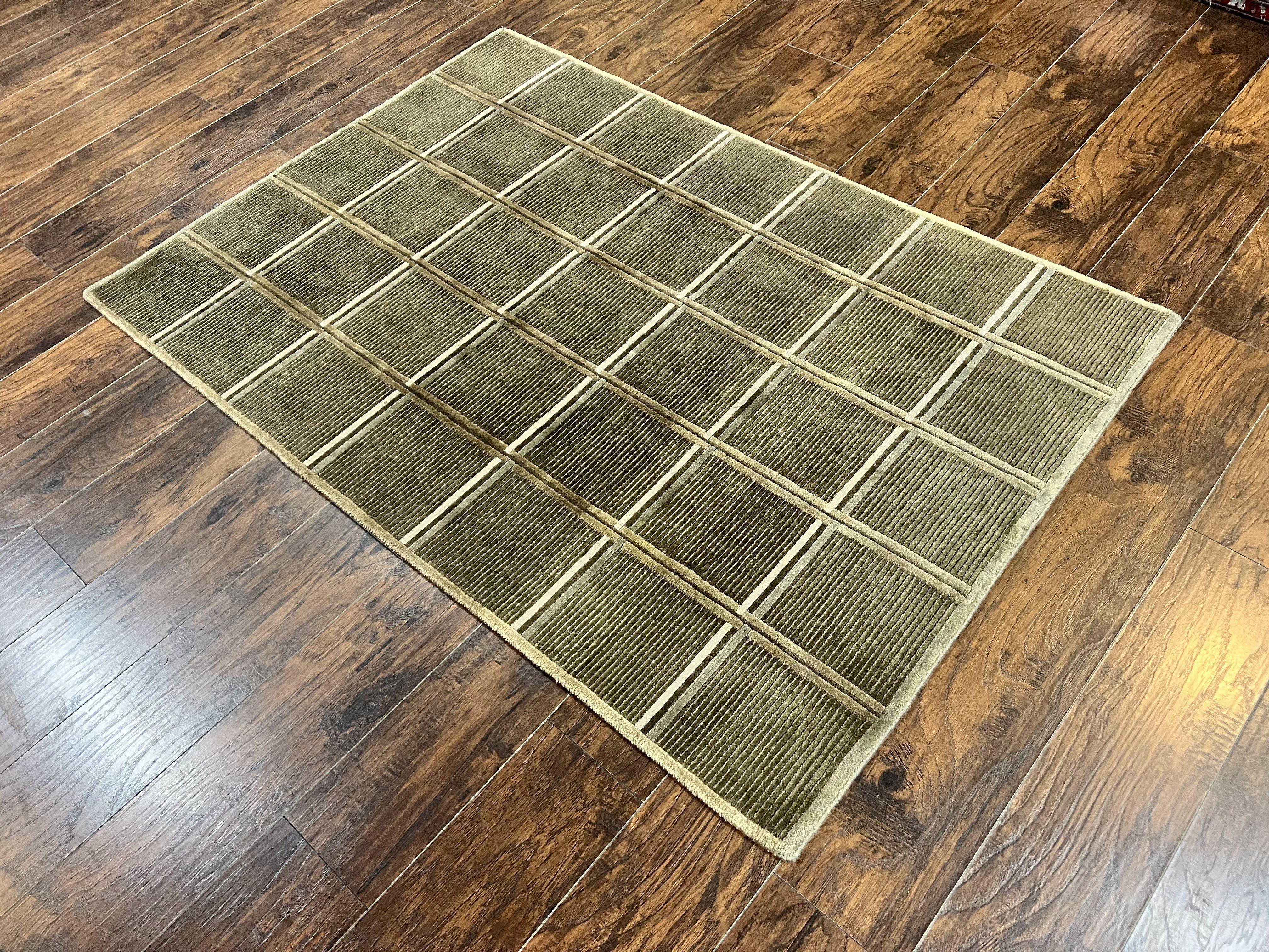Tibetan Rug 4x6, Green Wool Handmade Area Rug 4 x 6, Panel Design, Modern Contemporary - Image 12