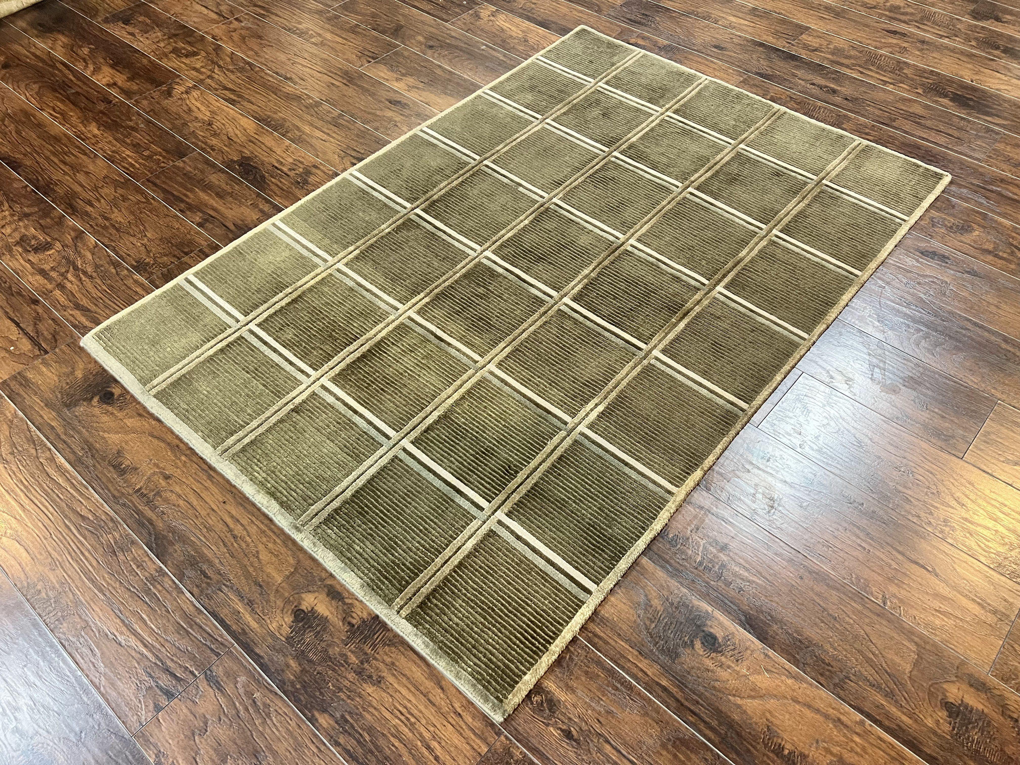 Tibetan Rug 4x6, Green Wool Handmade Area Rug 4 x 6, Panel Design, Modern Contemporary - Image 2