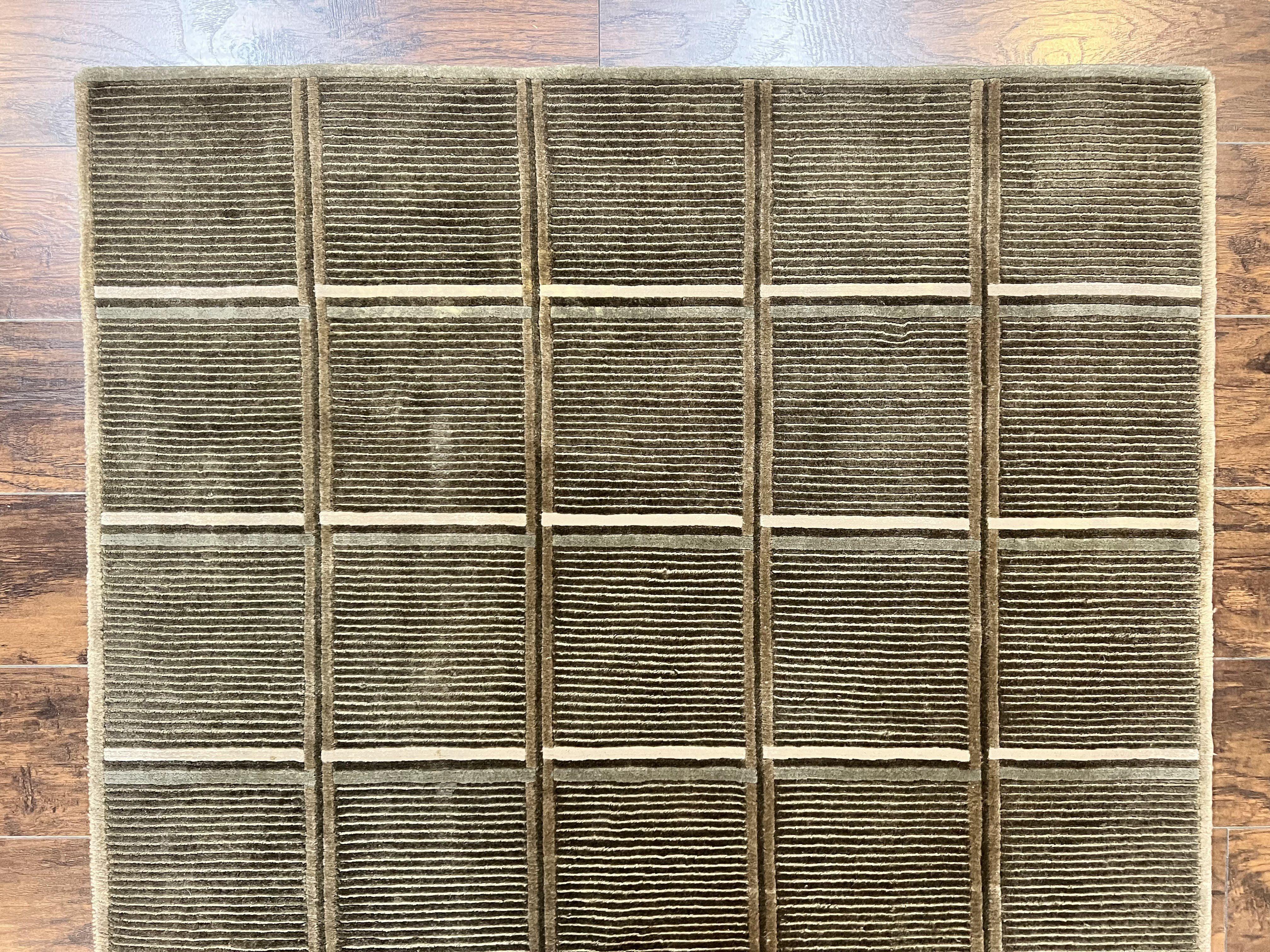 Tibetan Rug 4x6, Green Wool Handmade Area Rug 4 x 6, Panel Design, Modern Contemporary - Image 3