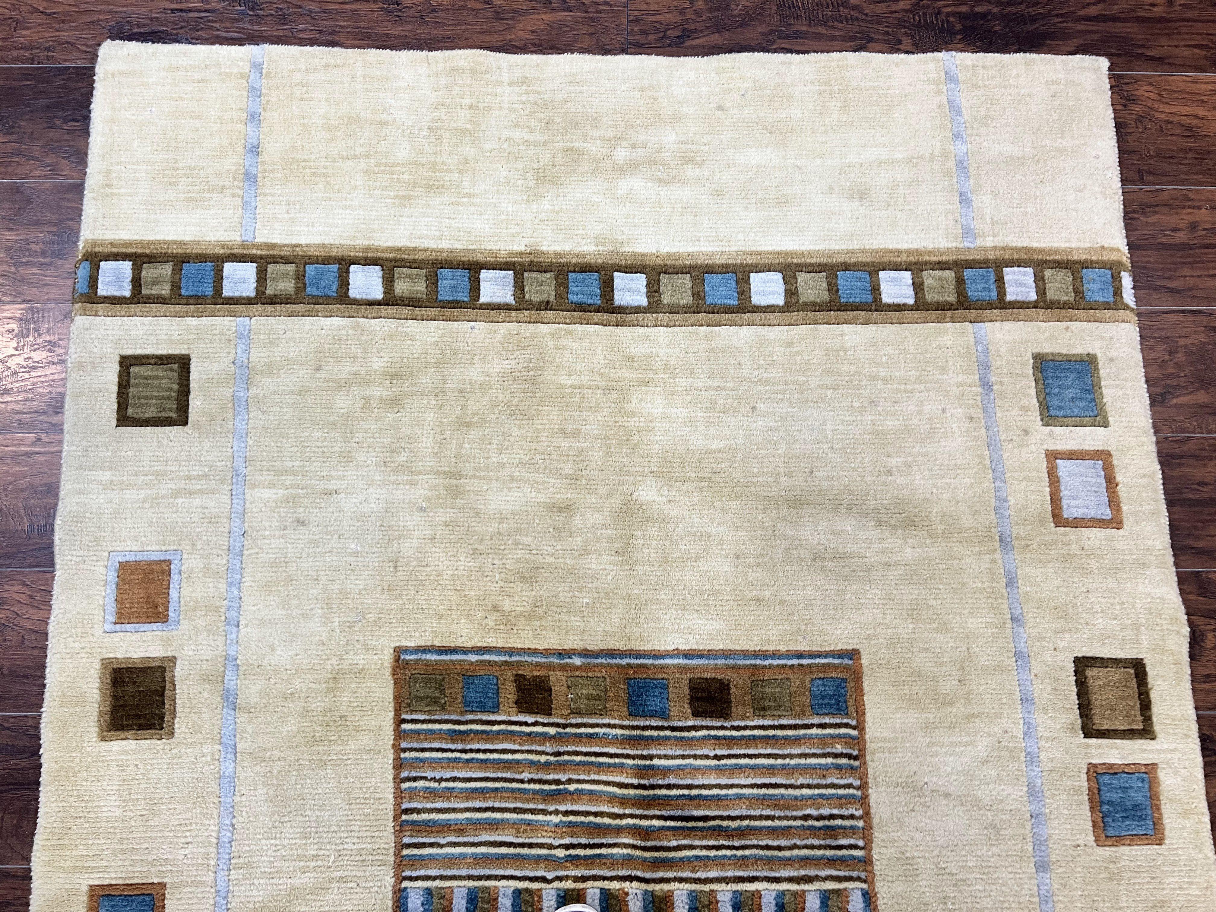 Tibetan Rug 5x8, Contemporary Rug 5 x 8 ft, Cream Brown Blue Hand-Knotted Wool w/ Silk Highlights Tibetan Carpet, Modern Rug - Image 3