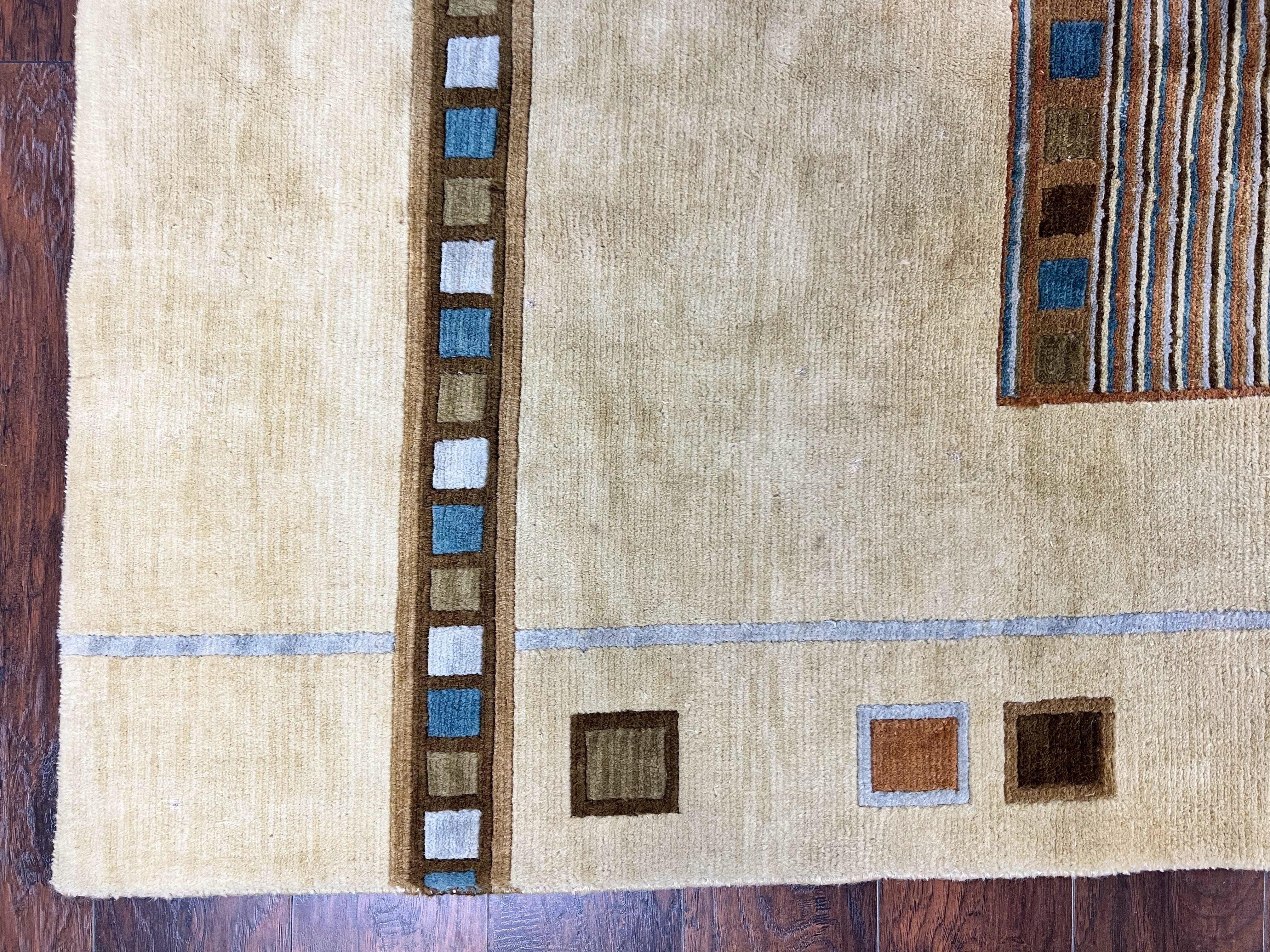 Tibetan Rug 5x8, Contemporary Rug 5 x 8 ft, Cream Brown Blue Hand-Knotted Wool w/ Silk Highlights Tibetan Carpet, Modern Rug - Image 8