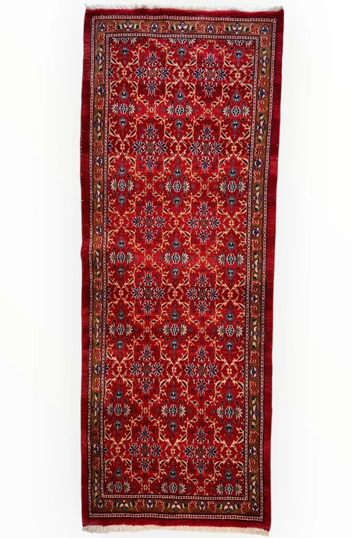 Vintage Mashhad Wool Runner – 3’3” x 8’4” – 1970s, Rich Red with Blue & Beige Accents