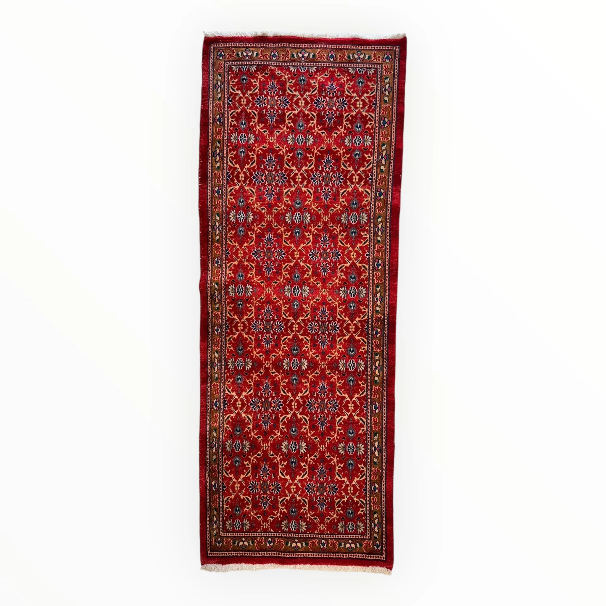 Vintage Mashhad Wool Runner – 3’3” x 8’4” – 1970s, Rich Red with Blue & Beige Accents - Image 2
