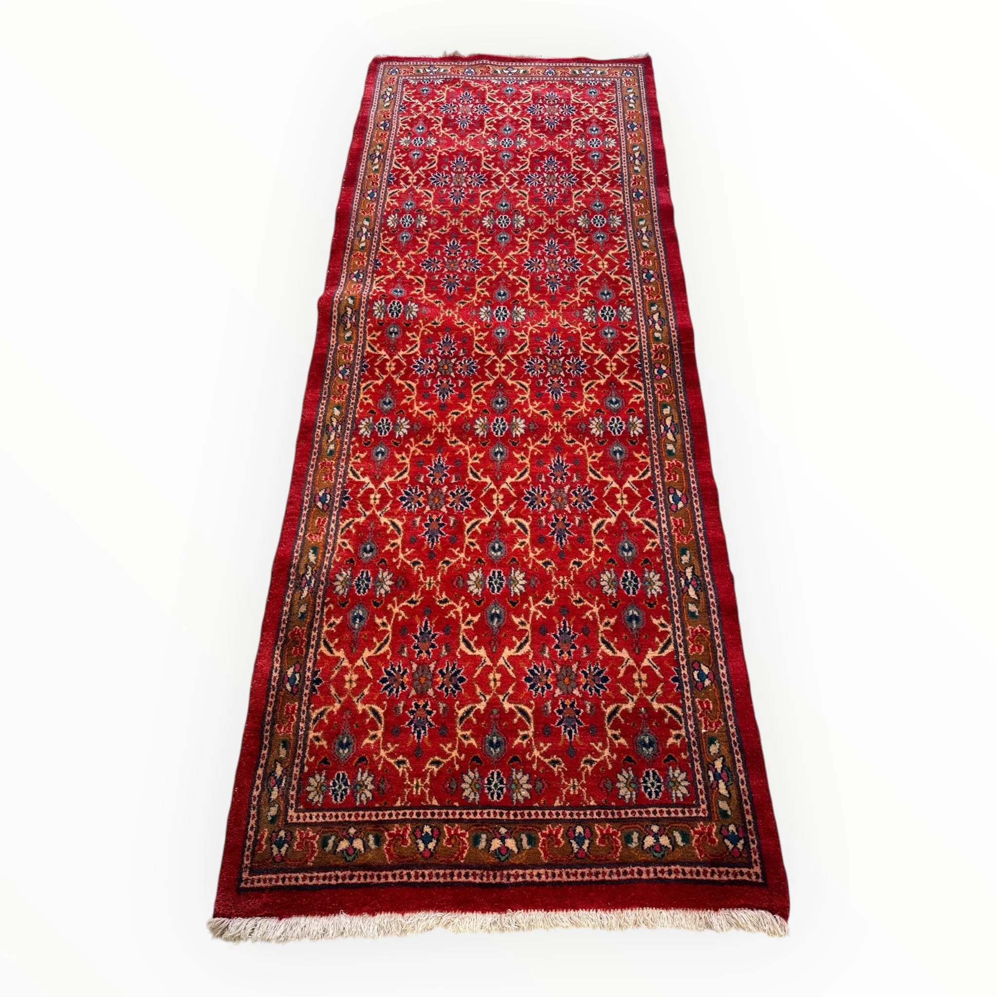 Vintage Mashhad Wool Runner – 3’3” x 8’4” – 1970s, Rich Red with Blue & Beige Accents - Image 3