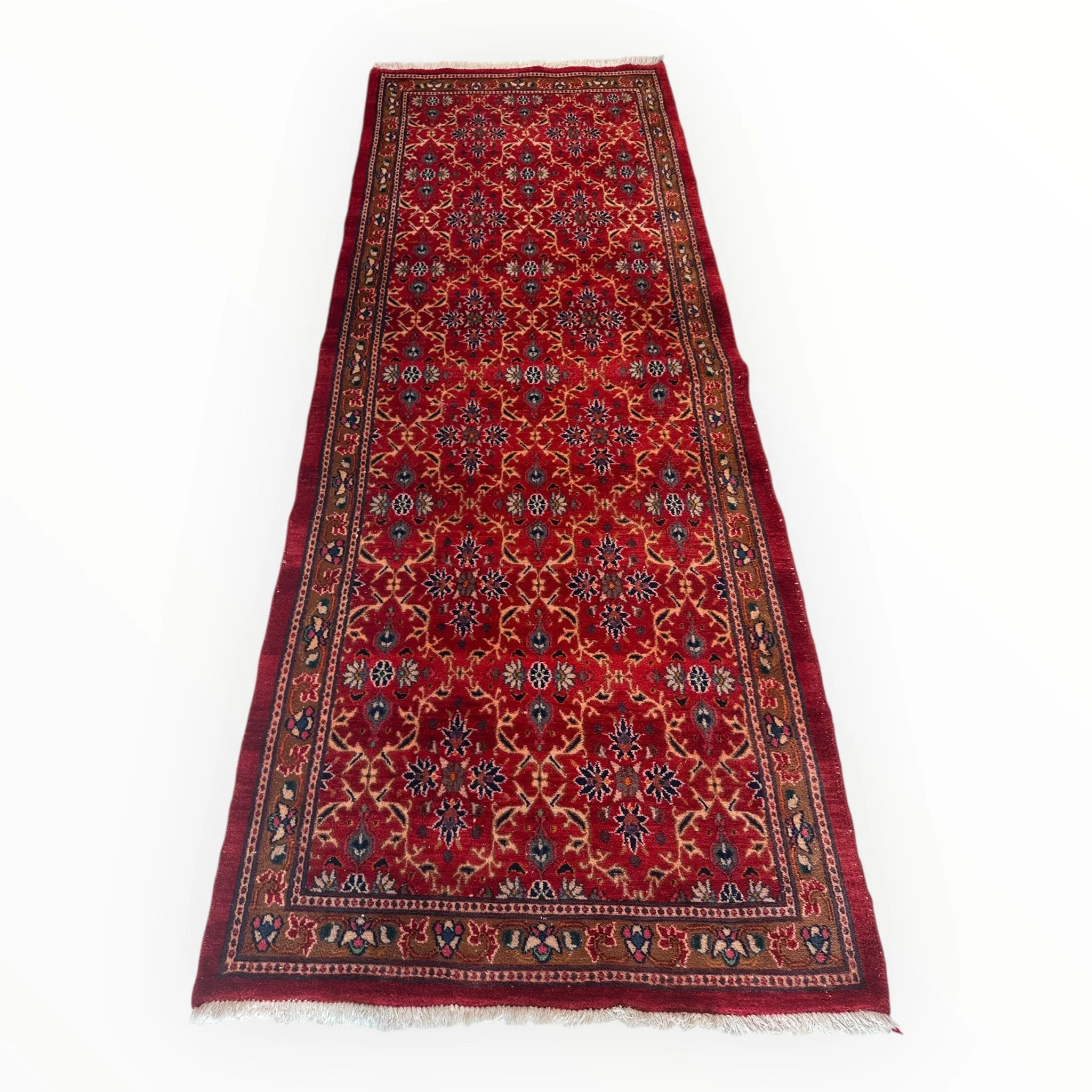 Vintage Mashhad Wool Runner – 3’3” x 8’4” – 1970s, Rich Red with Blue & Beige Accents - Image 4