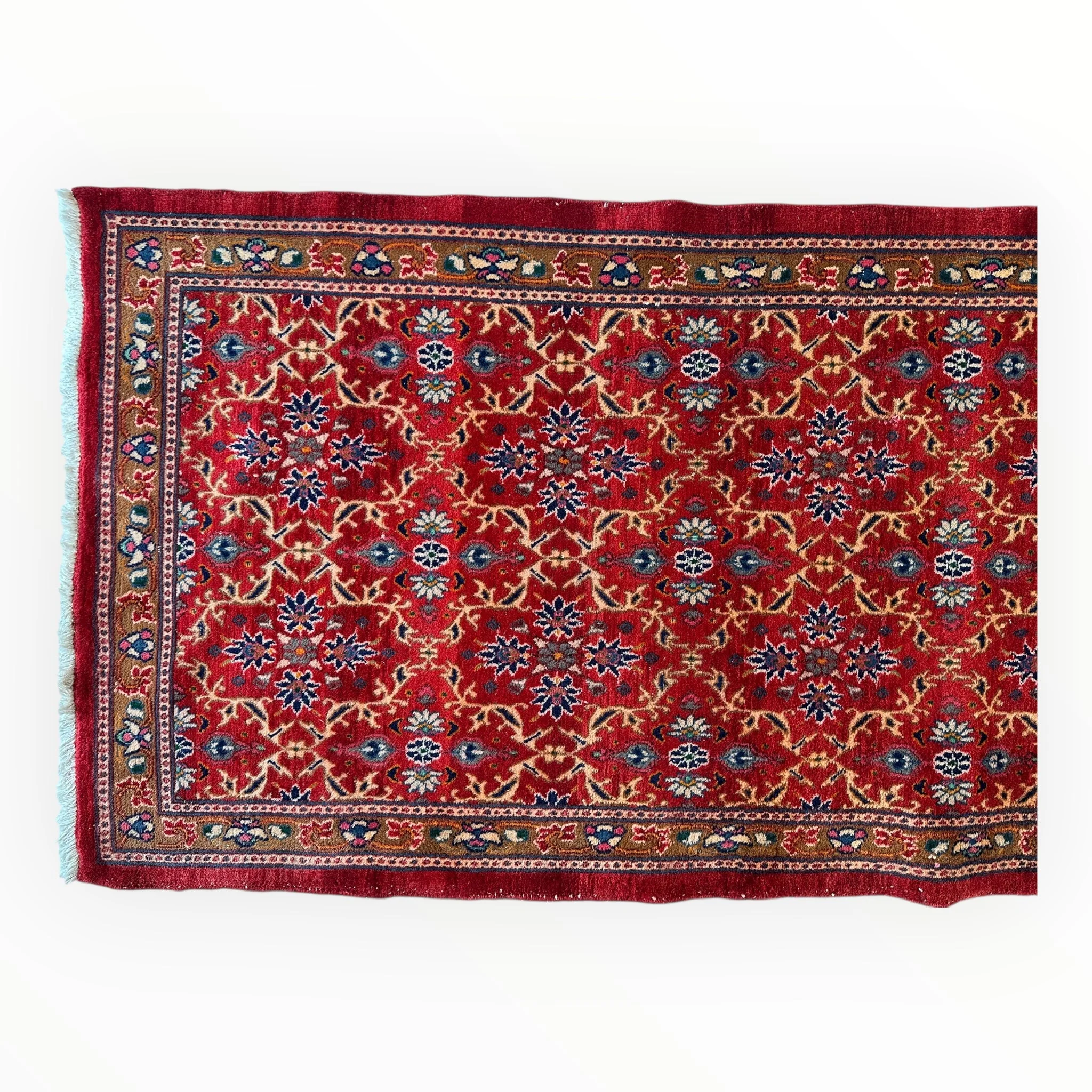Vintage Mashhad Wool Runner – 3’3” x 8’4” – 1970s, Rich Red with Blue & Beige Accents - Image 5