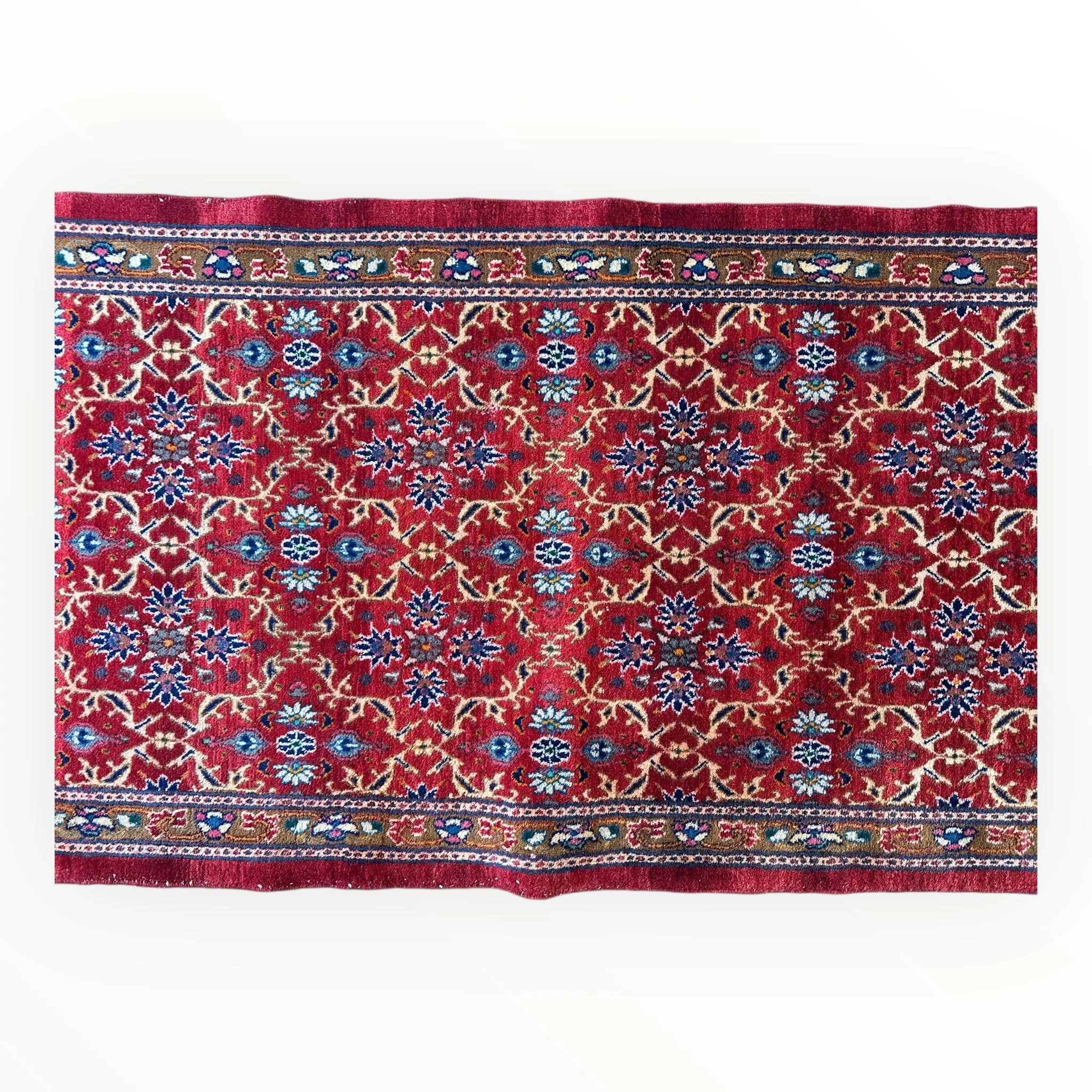 Vintage Mashhad Wool Runner – 3’3” x 8’4” – 1970s, Rich Red with Blue & Beige Accents - Image 6