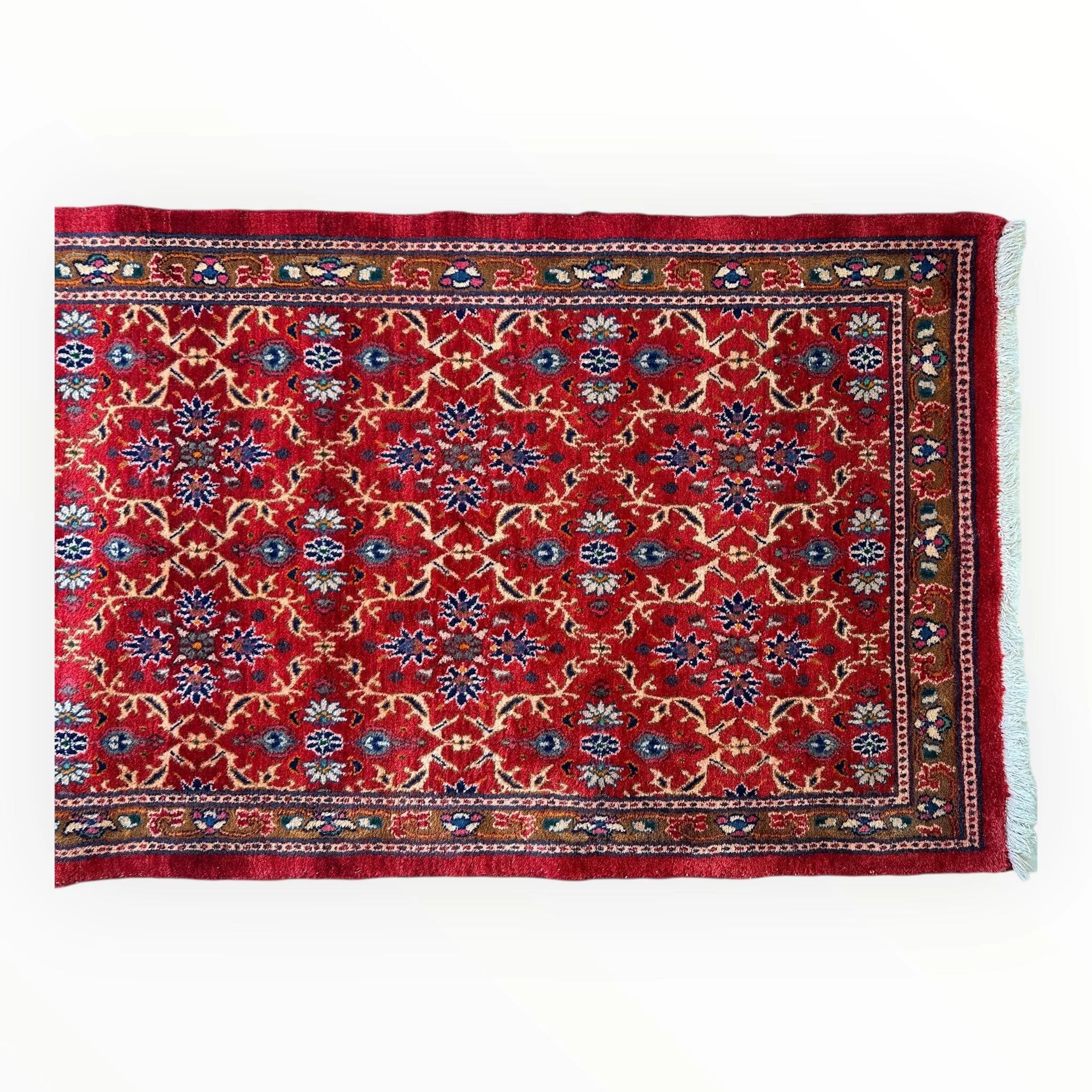 Vintage Mashhad Wool Runner – 3’3” x 8’4” – 1970s, Rich Red with Blue & Beige Accents - Image 7