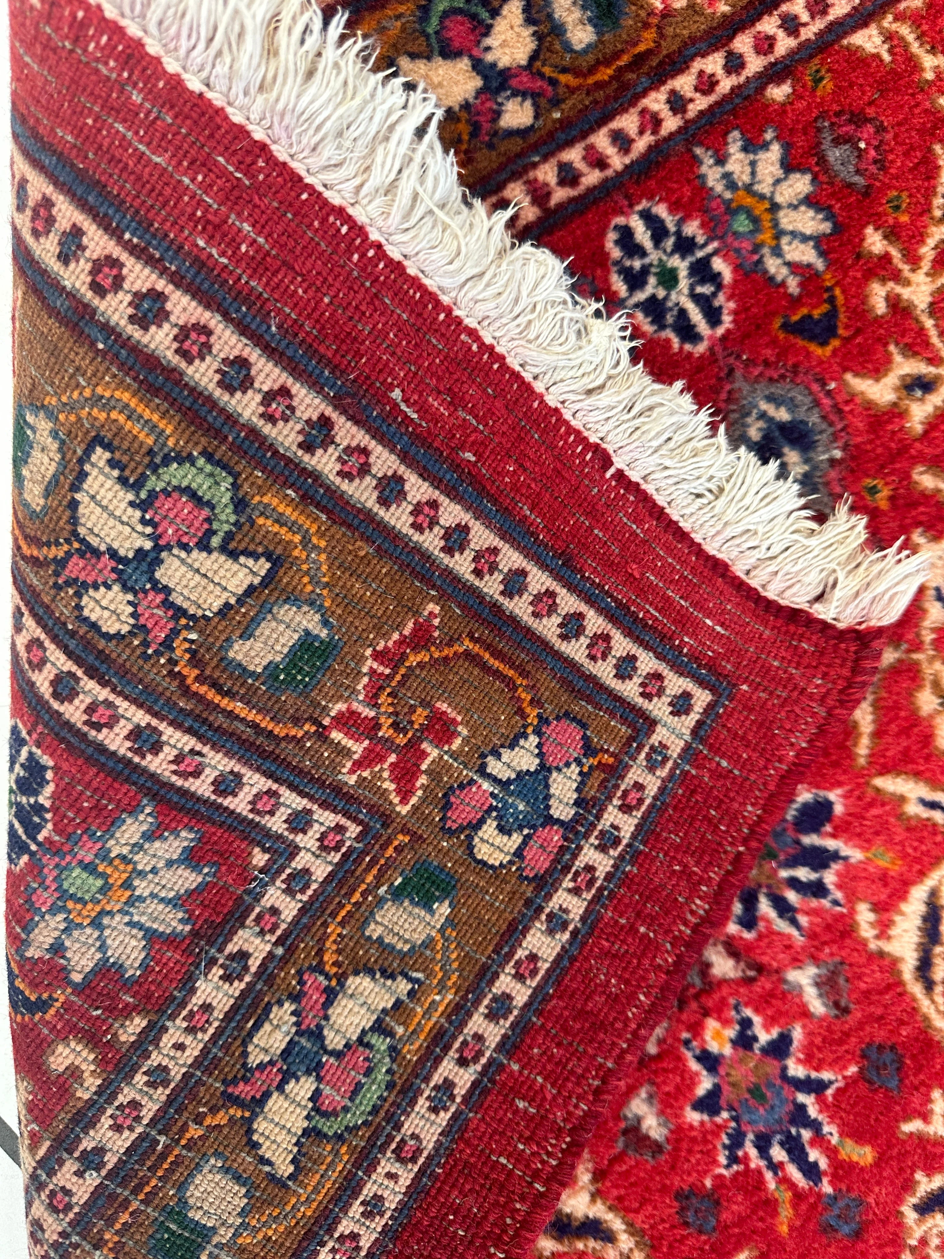 Vintage Mashhad Wool Runner – 3’3” x 8’4” – 1970s, Rich Red with Blue & Beige Accents - Image 8