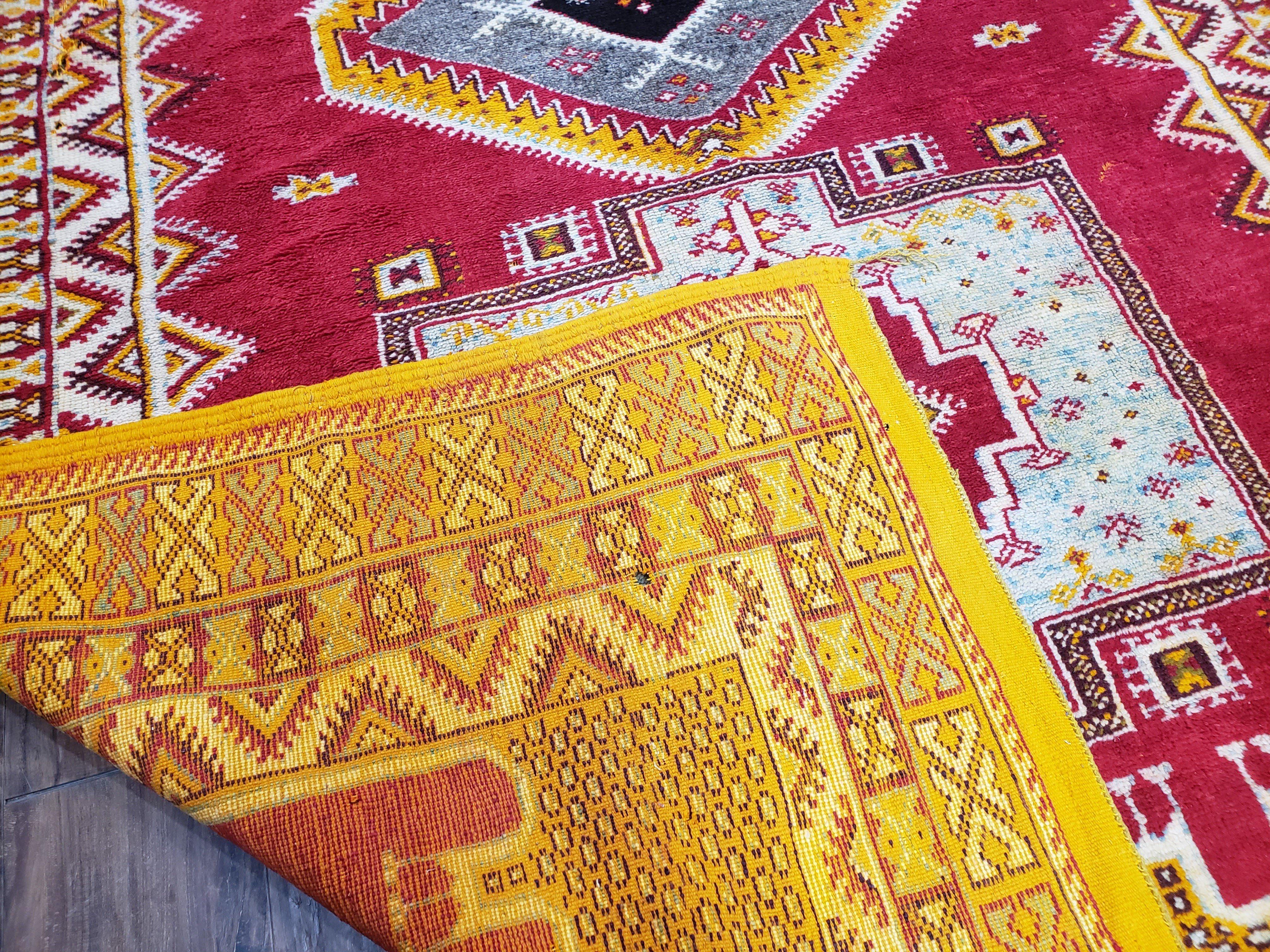 Vintage Moroccan Rug 6x10, Red and Yellow Moroccan Carpet, Handmade Bohemian Tribal Area Rug, Hand-Knotted 1970s Wool Rug, Medalions - Image 10