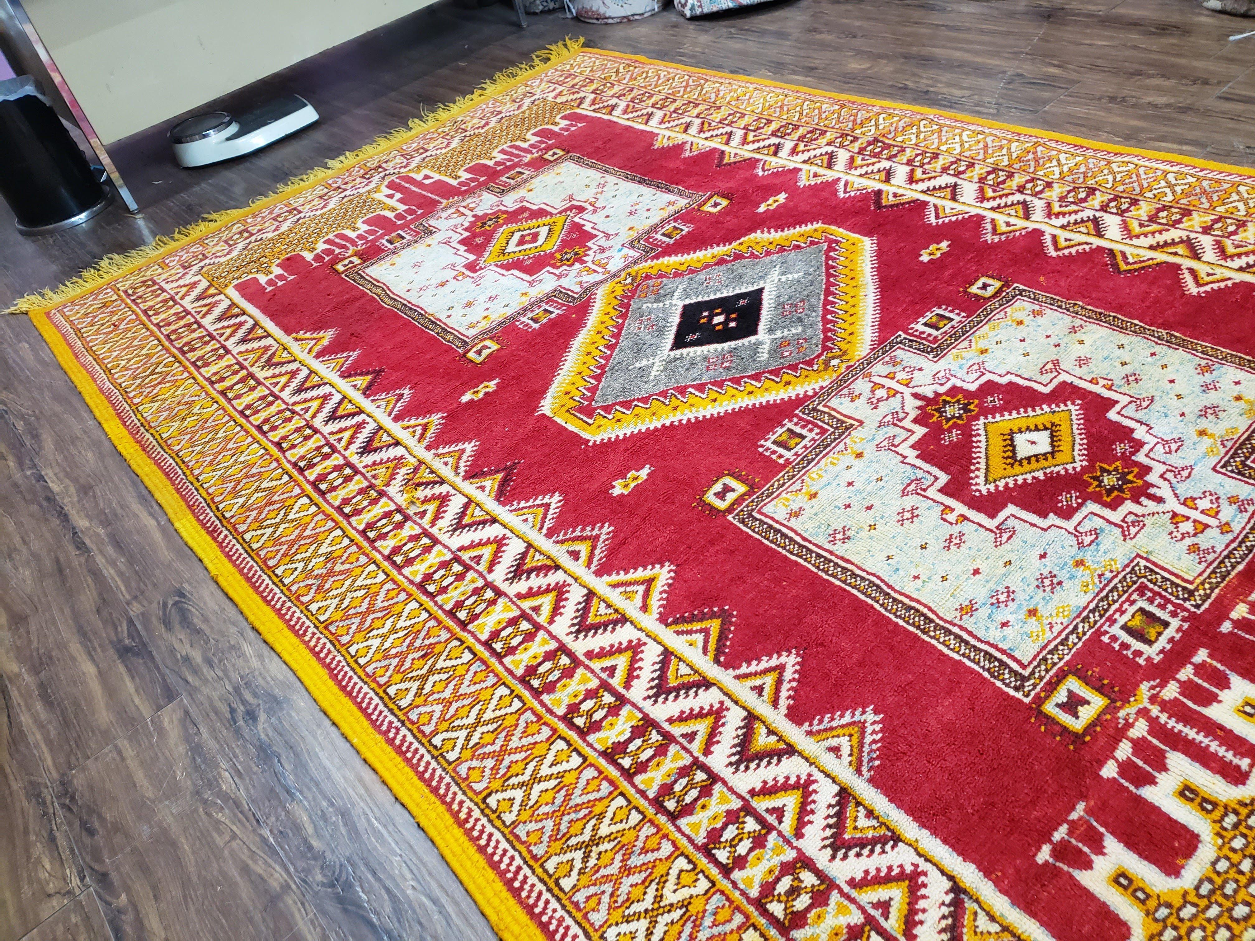 Vintage Moroccan Rug 6x10, Red and Yellow Moroccan Carpet, Handmade Bohemian Tribal Area Rug, Hand-Knotted 1970s Wool Rug, Medalions - Image 12