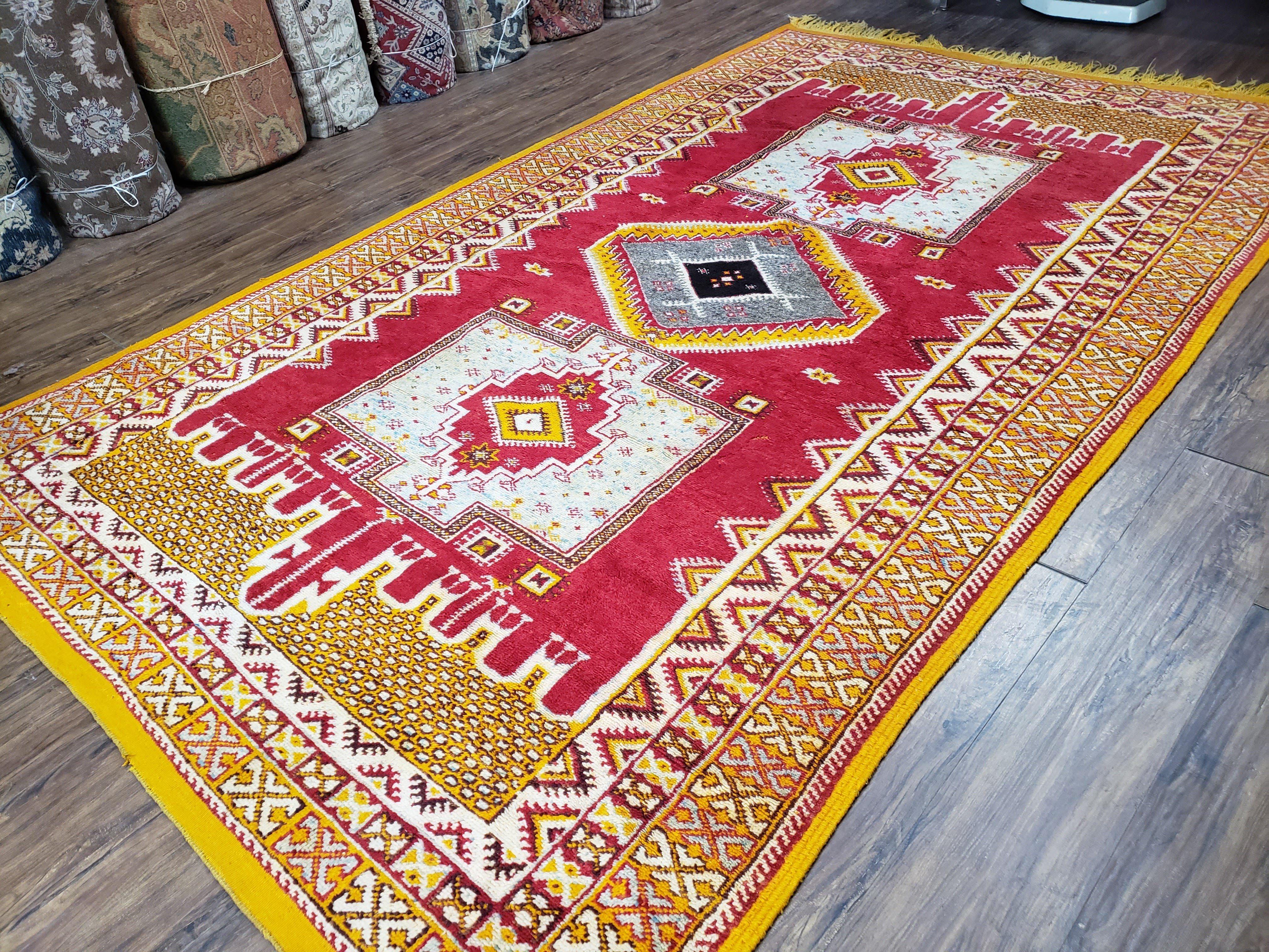 Vintage Moroccan Rug 6x10, Red and Yellow Moroccan Carpet, Handmade Bohemian Tribal Area Rug, Hand-Knotted 1970s Wool Rug, Medalions - Image 2