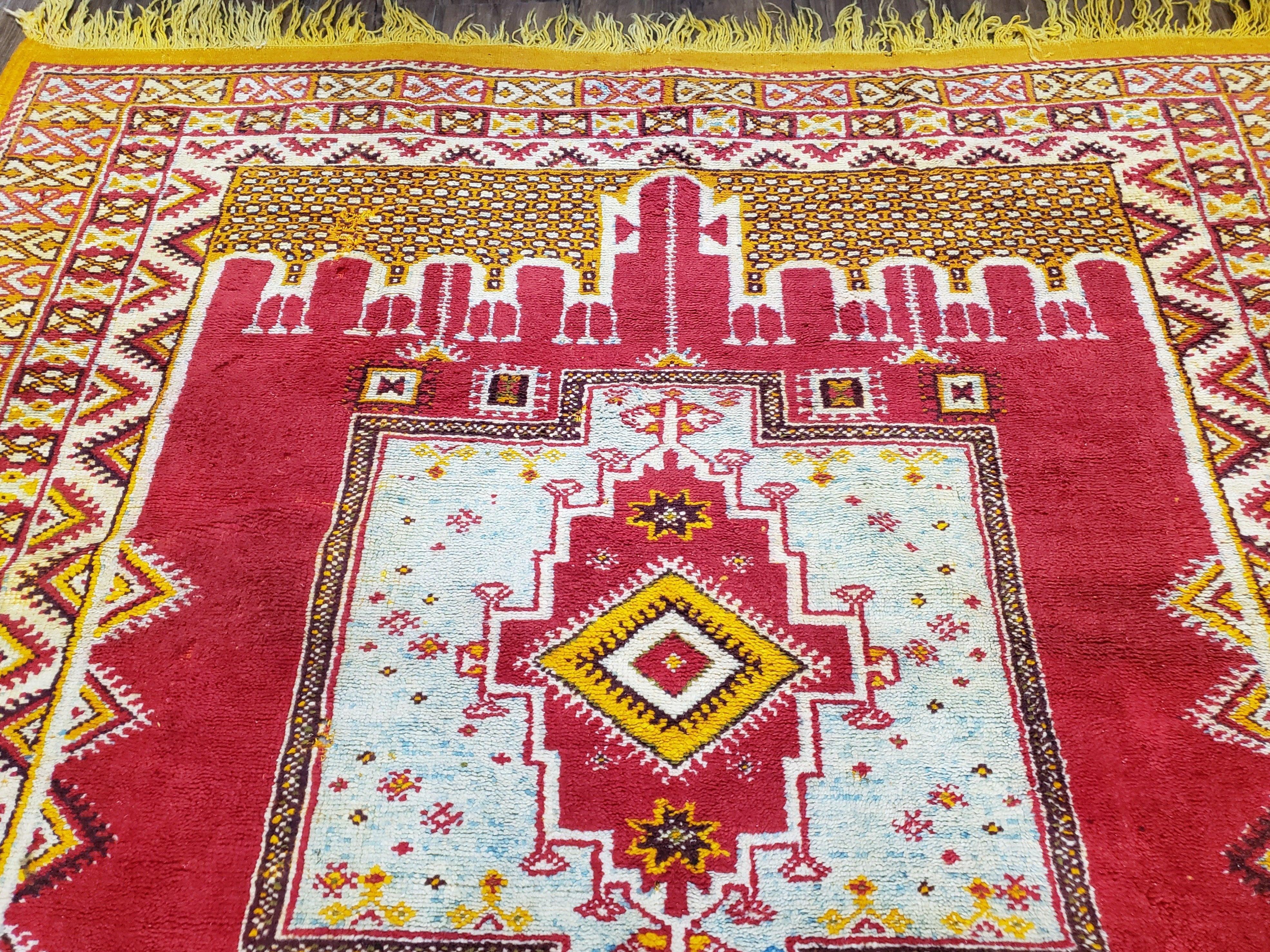 Vintage Moroccan Rug 6x10, Red and Yellow Moroccan Carpet, Handmade Bohemian Tribal Area Rug, Hand-Knotted 1970s Wool Rug, Medalions - Image 3