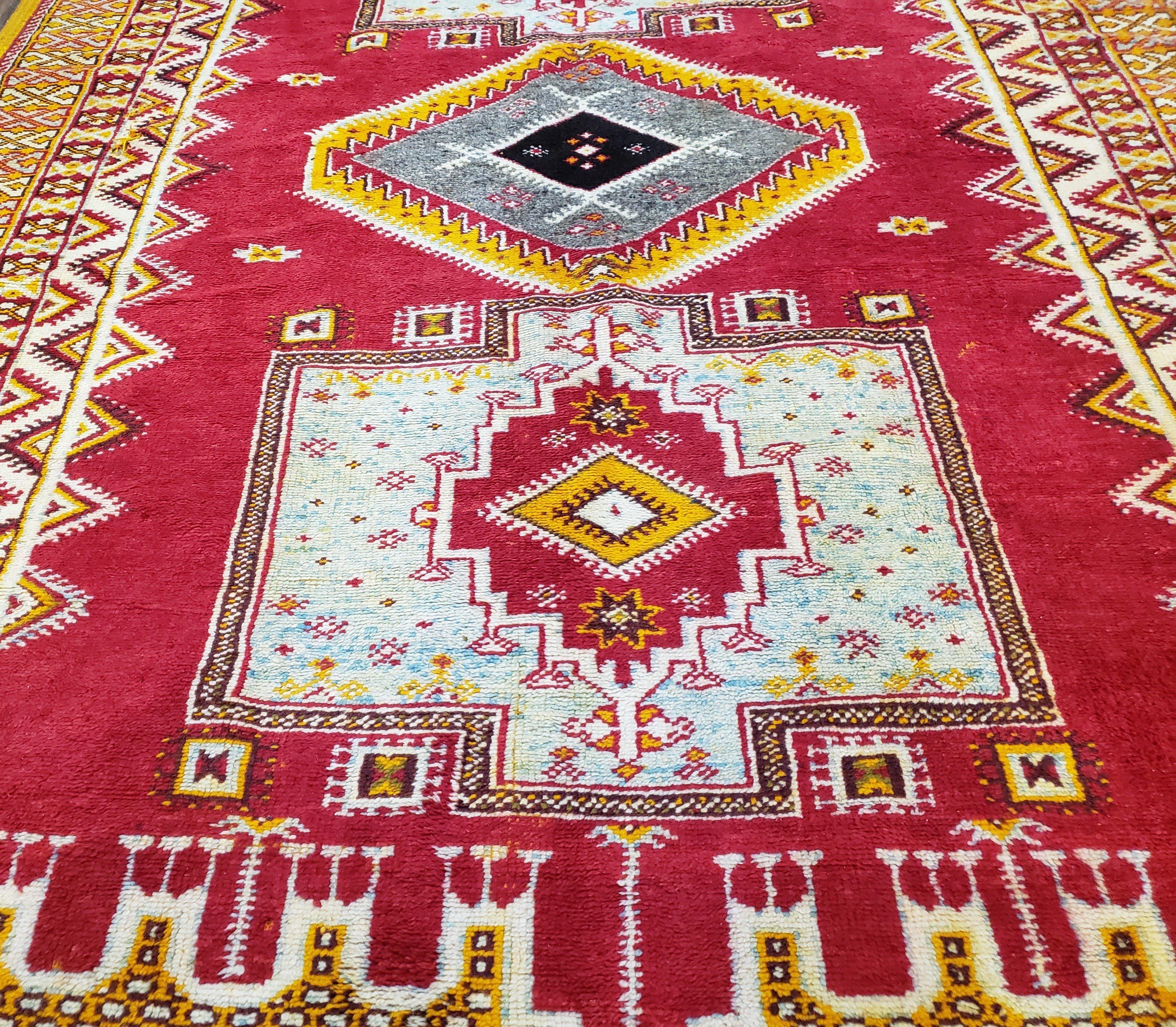 Vintage Moroccan Rug 6x10, Red and Yellow Moroccan Carpet, Handmade Bohemian Tribal Area Rug, Hand-Knotted 1970s Wool Rug, Medalions - Image 4